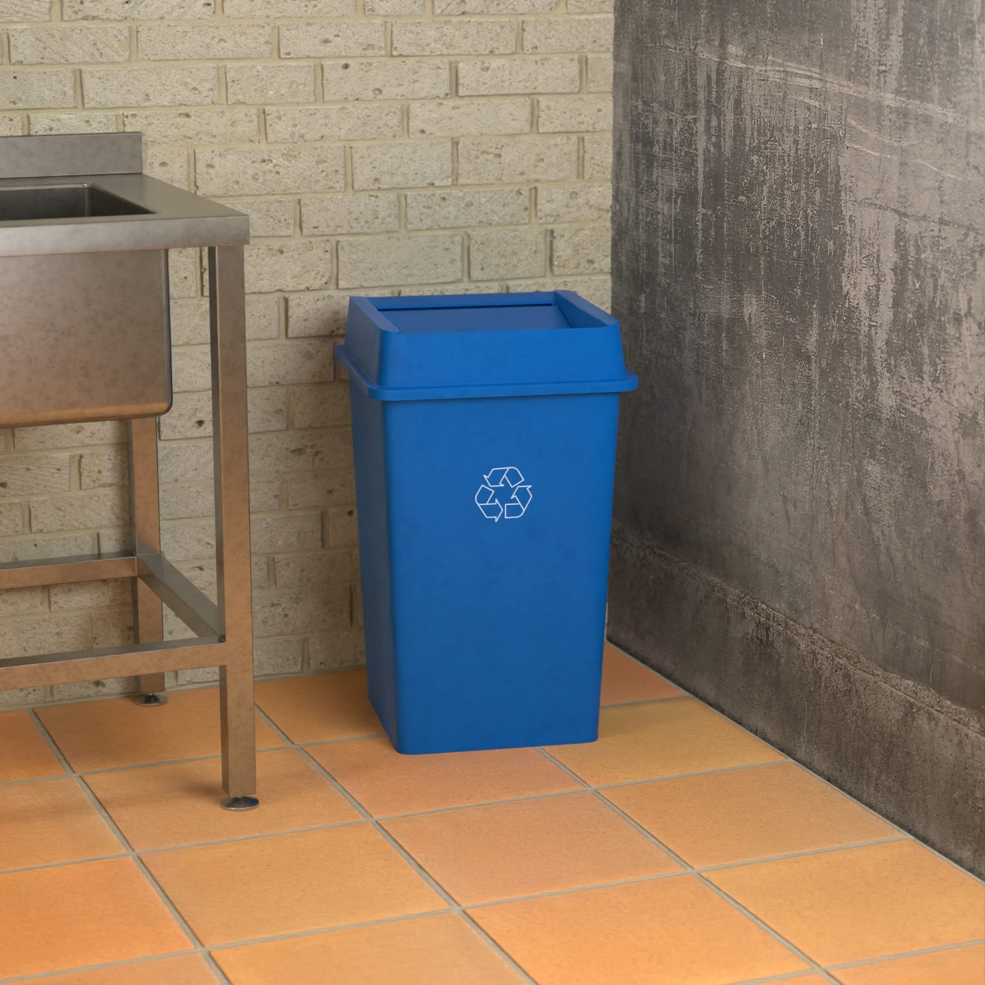 35 Gallon Blue Square Commercial Trash Can with Lid - Heavy Duty Waste Bin for Office, Restaurant, Kitchen & Outdoor Use