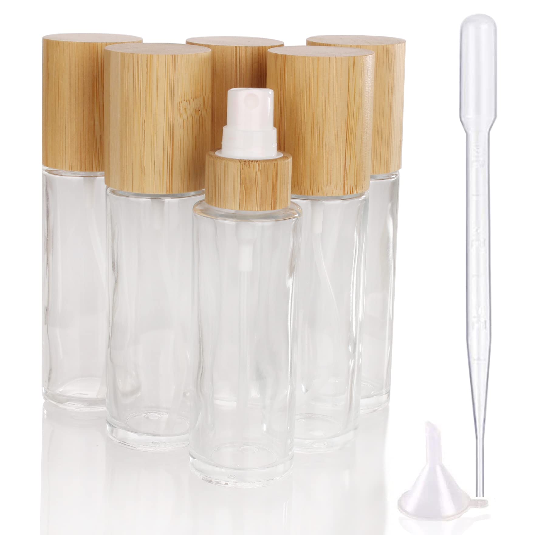 COSIDEA 6-Pack 2oz (60ml) Clear Glass Spray Bottles with Bamboo Lids & Fine Mist Dispenser - Refillable Perfume, Toiletries, Toner Containers for Travel, DIY Beauty, Home & Salon Use