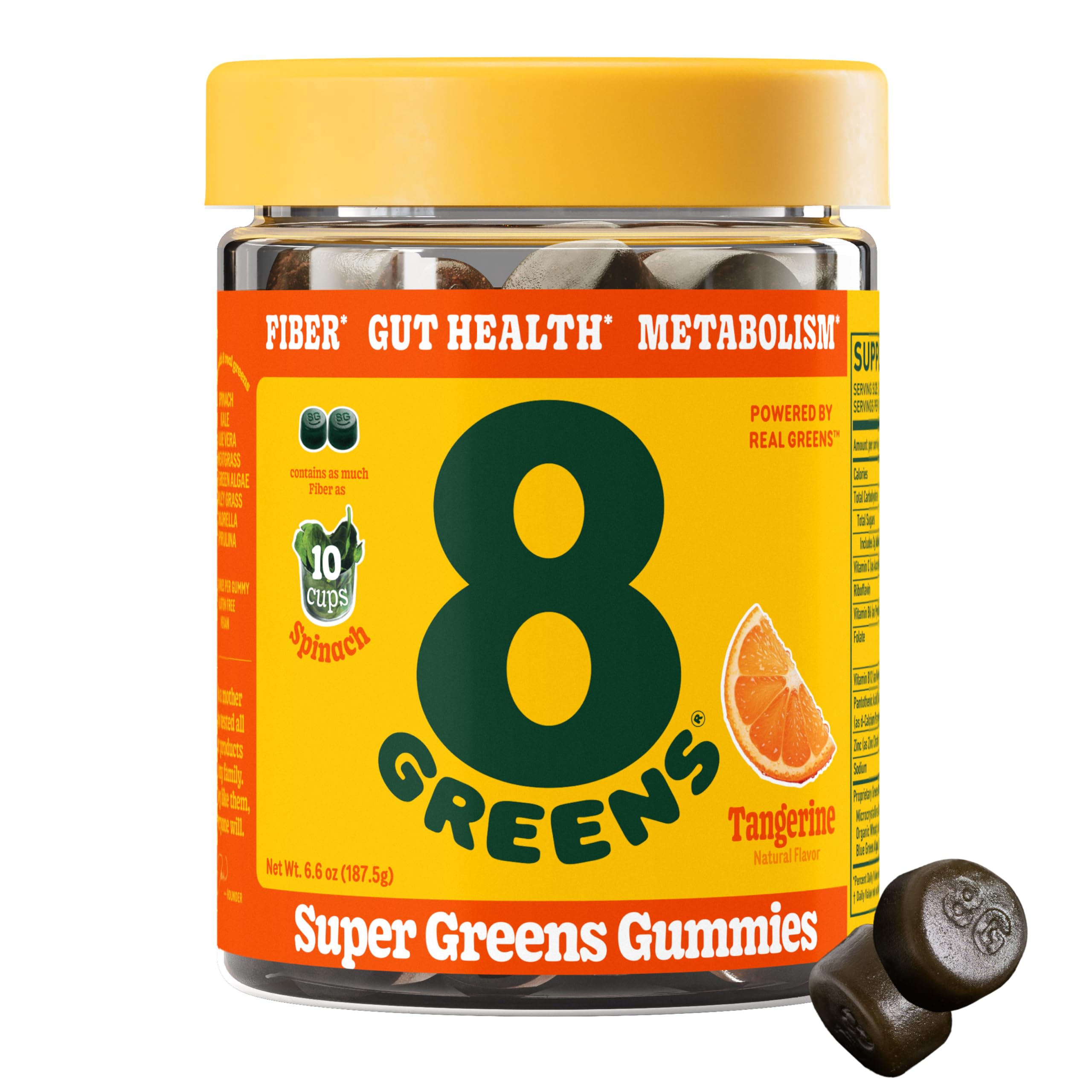 8Greens Fiber Super Greens Gummies - Tangerine Flavor, 50 Count | Non-GMO, Gut Health & Metabolism Support, Digestive & Immune System Booster with 8 Real Greens | Perfect for Daily Wellness Routine & On-the-Go Nutrition