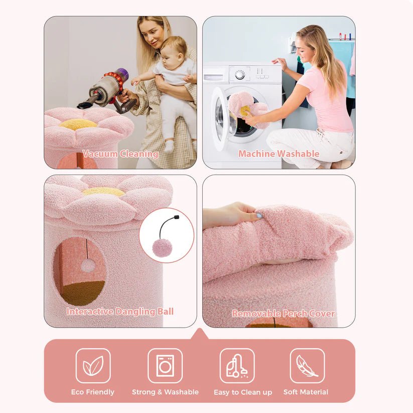 2 Tier Cat House with Flower Design - Pink Pet Bed for Small Cats & Kittens | Perfect for Indoor Play, Nap & Relaxation