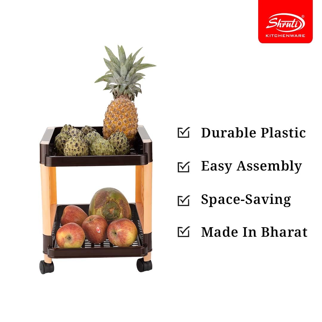 2-Tier Rolling Vegetable Storage Rack with Wheels - Brown Plastic Organizer Basket for Kitchen, Pantry & Office - Perfect for Potatoes, Onions & Snacks - Space Saving Storage Solution for Small Homes & Apartments