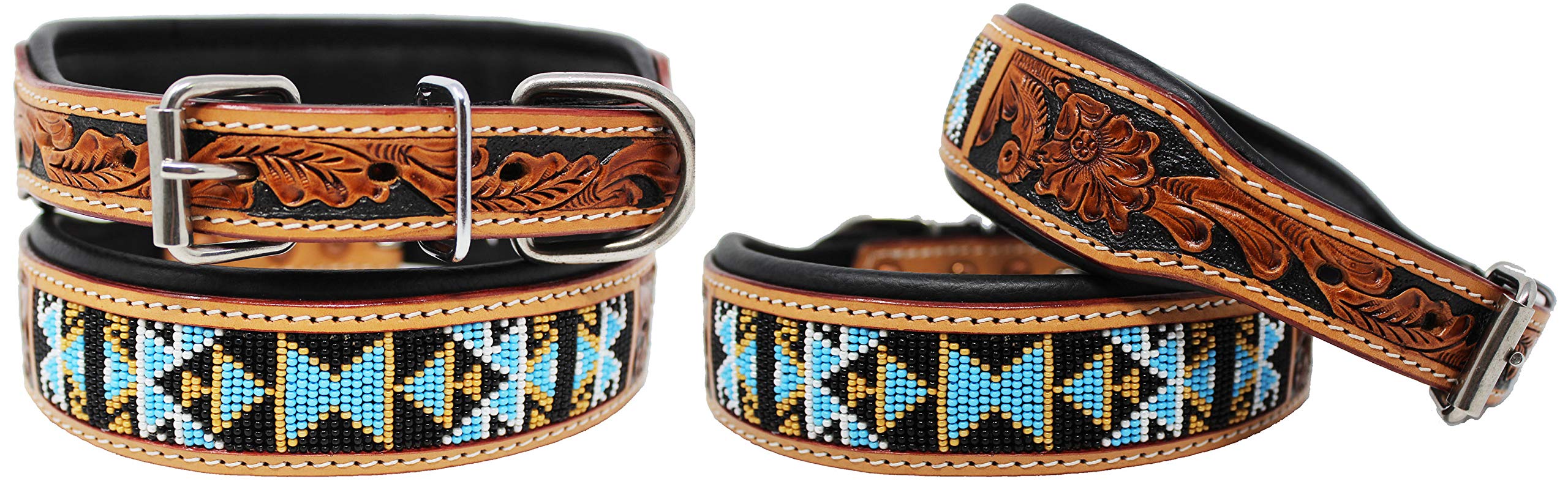 CHALLENGER Hand-Tooled Beaded Padded Leather Dog Collar 60125 - Durable & Stylish Pet Collar for Small to Medium Dogs | Perfect for Walks, Training & Fashion Accessory