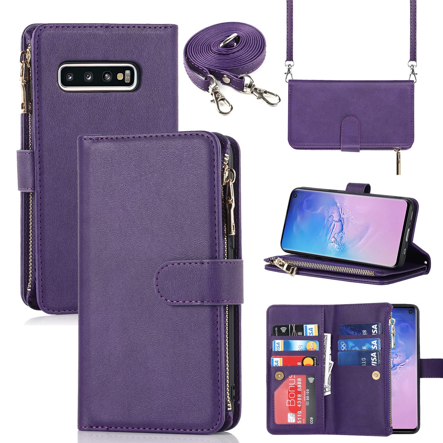 Samsung Galaxy S10 Wallet Case - Leather Flip Cover with 9 Card Slots, Zipper Coin Pocket & 2 Cash Slots - Includes Lanyard (Purple) - Perfect for Travel, Shopping & Everyday Use