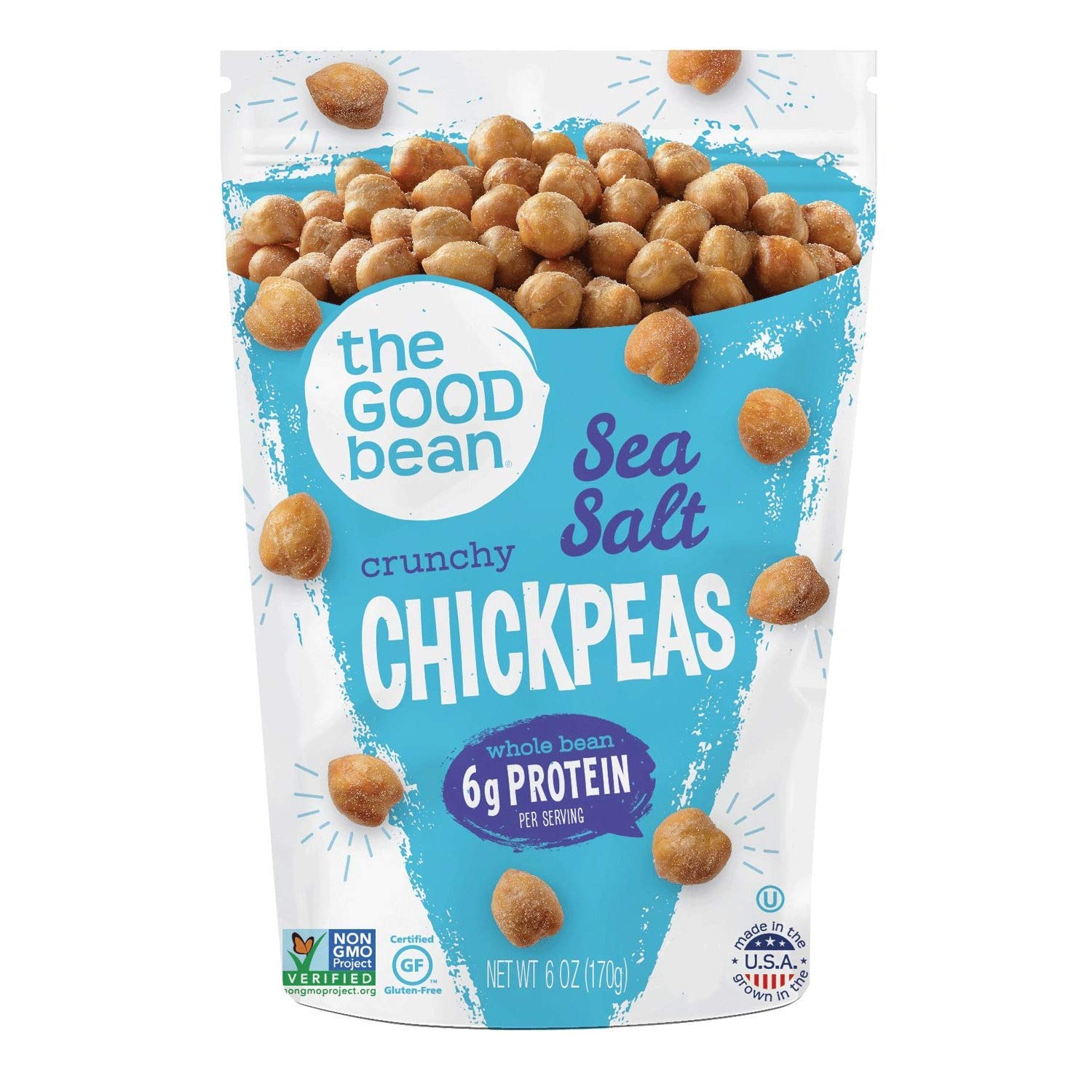 The Good Bean Crunchy Chickpeas - Sea Salt Flavor, 6 oz Resealable Bag | Roasted Chickpea Snacks | Vegan, Gluten-Free, High Protein & Fiber | Perfect for On-the-Go Snacking, Lunch Boxes & Healthy Office Treats