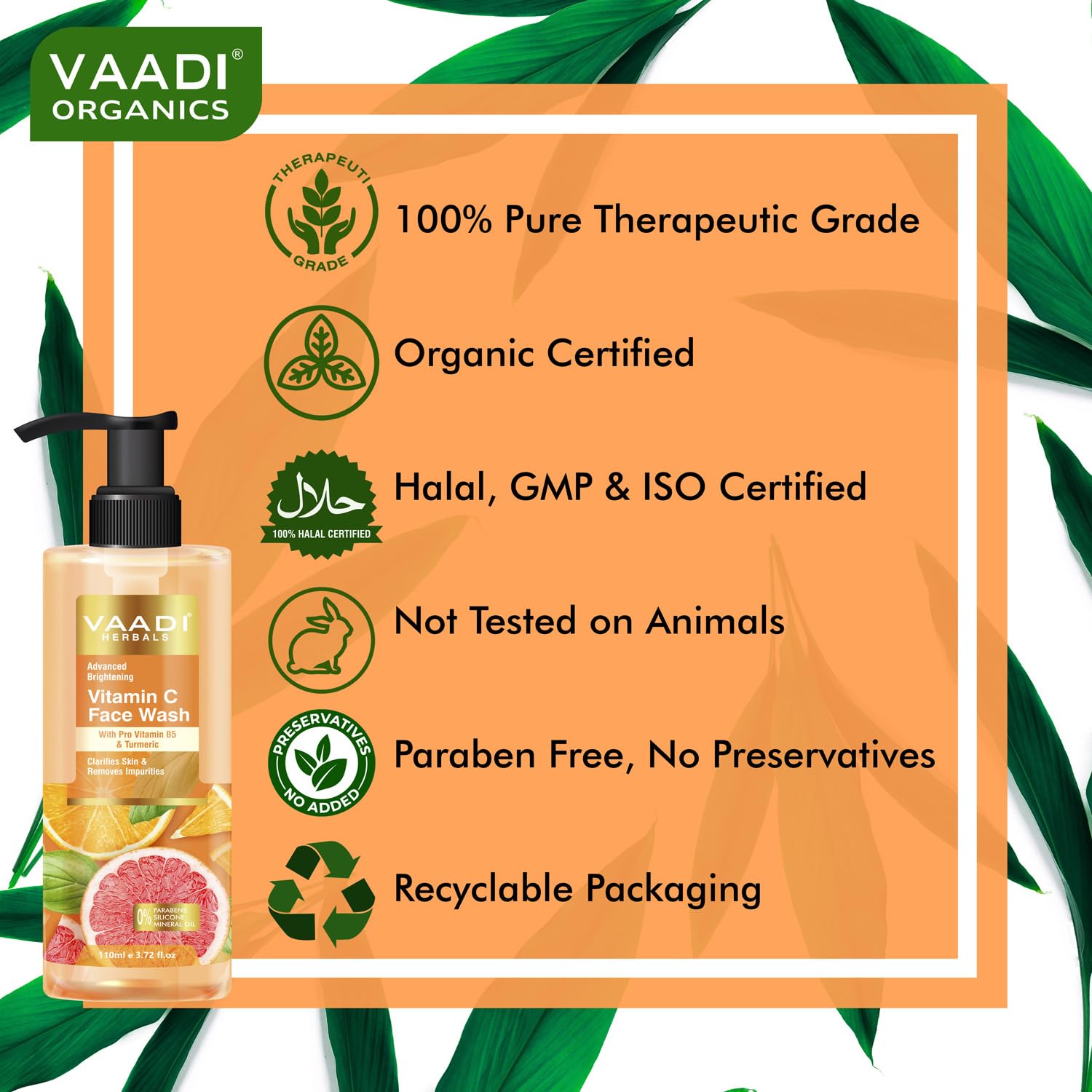 Vaadi Herbals Vitamin C Face Wash with Pro Vitamin B5 & Turmeric - 110ml | Brightening & Hydrating Cleanser for Glowing Skin | Perfect for Daily Skincare Routine & Acne-Prone Skin