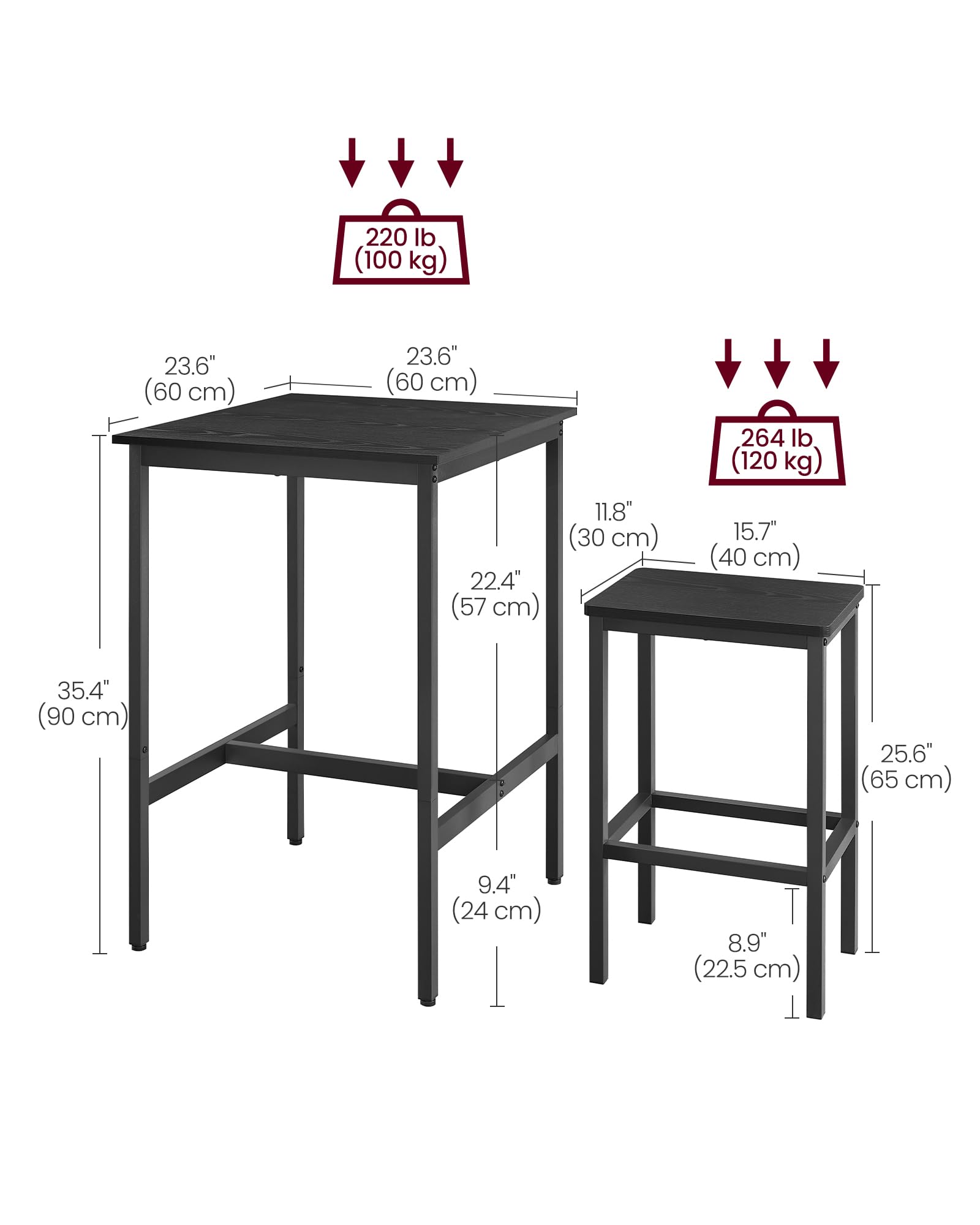 VASAGLE 2-Piece Bar Table and Stools Set, Square Pub Height Dining Table with 2 Stools - Space Saving Kitchen Breakfast Nook, Living Room, Party Room Furniture - Ebony Black & Ink Black - Perfect for Small Apartments, Studio Homes and Entertaining Guests