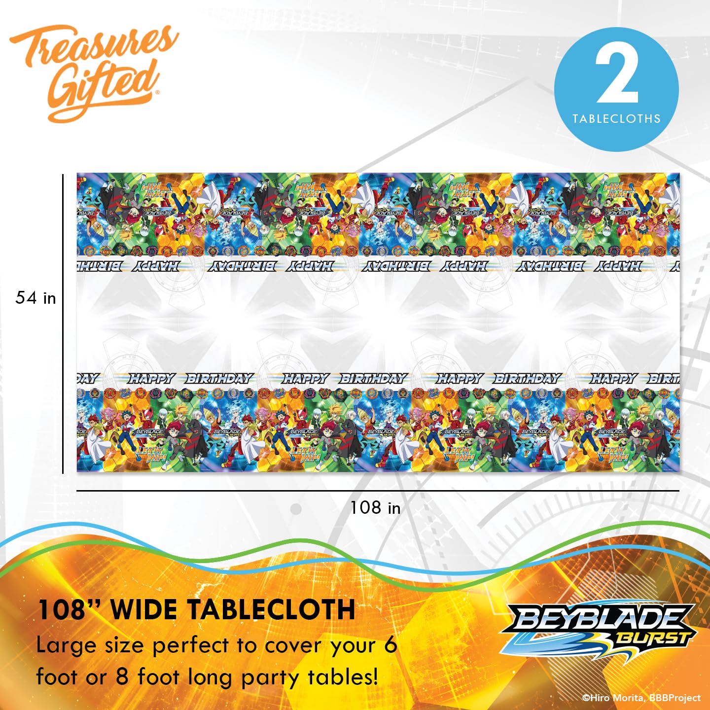 Beyblade Burst Party Tablecloth Pack of 2 - 54x108 Inch Official Licensed Table Cover - Beyblade Birthday Decorations, Stadium Battle Theme Party Supplies for Kids & Anime Fans