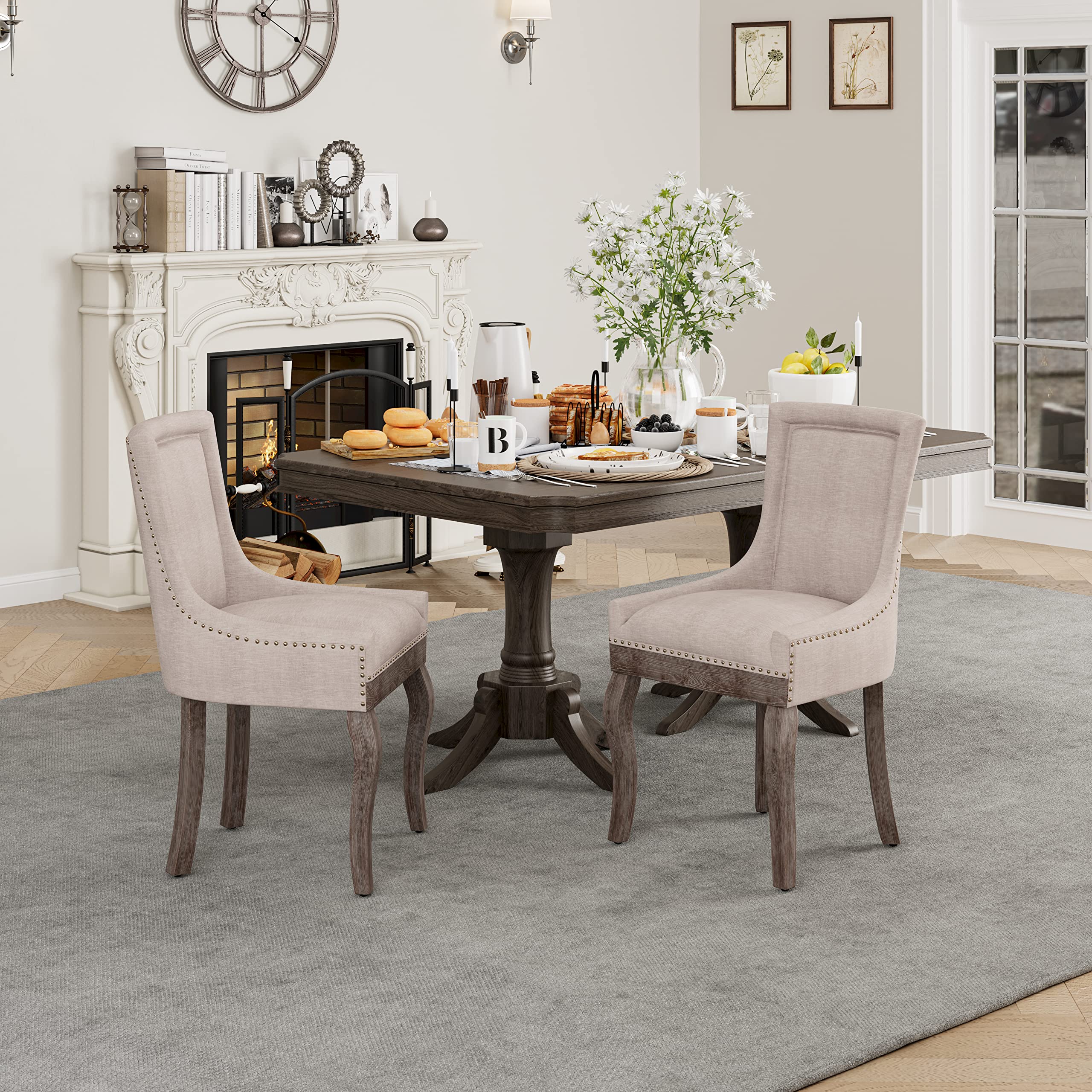 Aoowow 2-Piece Fabric Upholstered Side Chairs Set - Solid Wood Dining Chairs with Nailhead Trim, Beige - Perfect for Kitchen, Dining Room & Home Office Seating