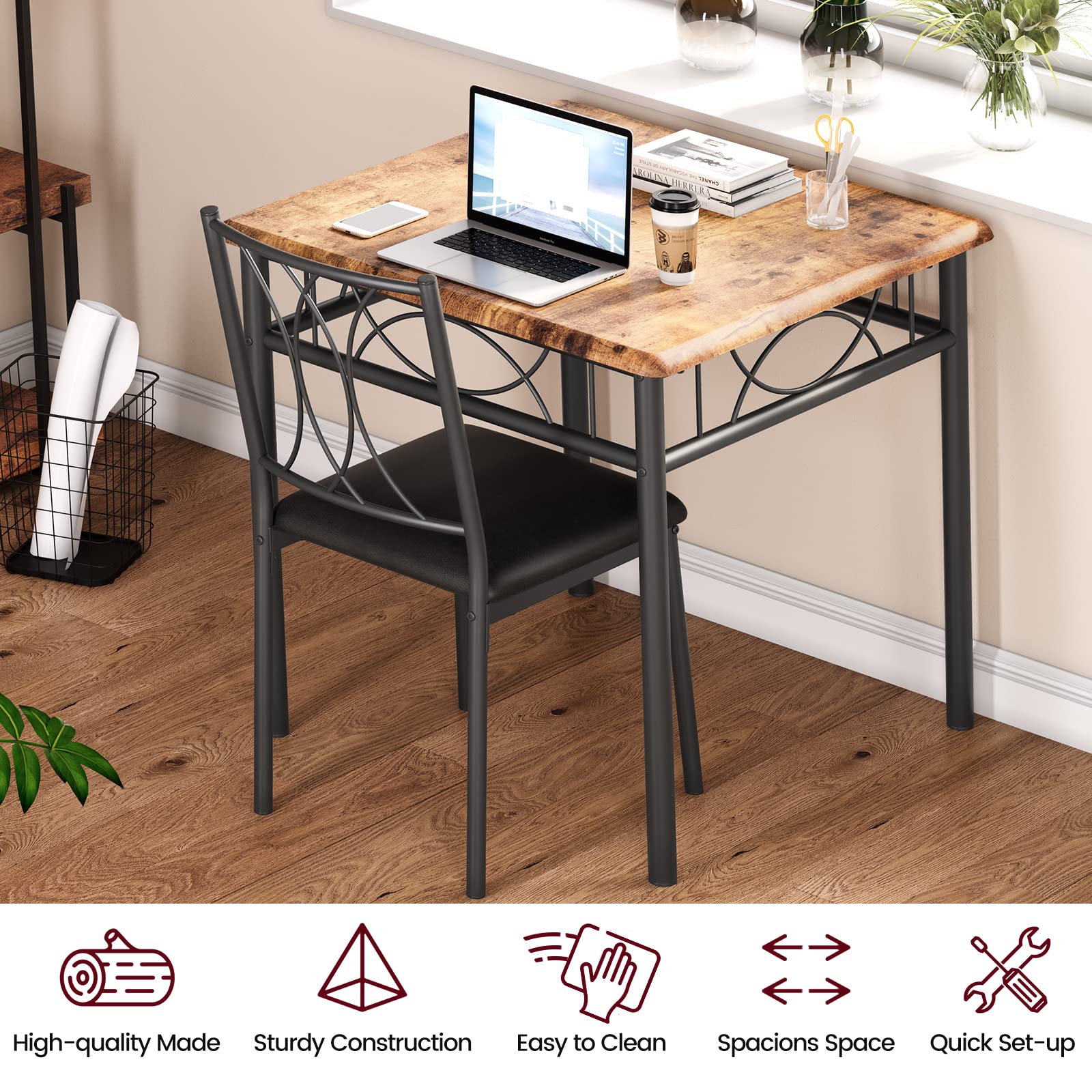 CABIHOME 3-Piece Square Dining Table Set for 2 with 2 Upholstered Chairs - Retro Brown Kitchen Table for Small Spaces, Apartments & Dining Rooms | Perfect for Breakfast Nooks, Studio Apartments & Cozy Dining Areas