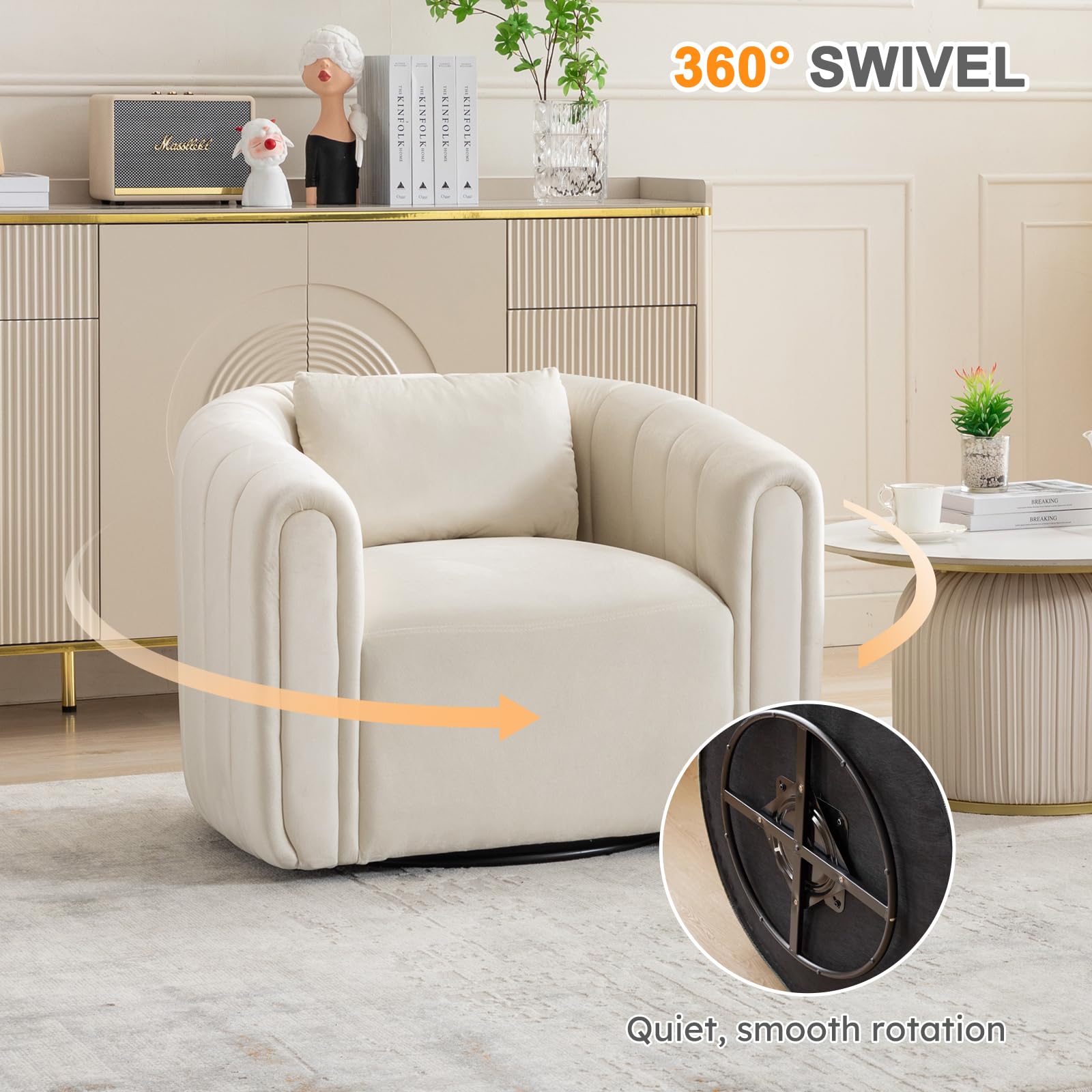 ANJ Swivel Accent Chair - Velvet Barrel Chair for Living Room, Modern Comfy Armchair with 360° Rotation, Fully Assembled (Beige) | Perfect for Small Spaces, Reading Nook & Cozy Home Office