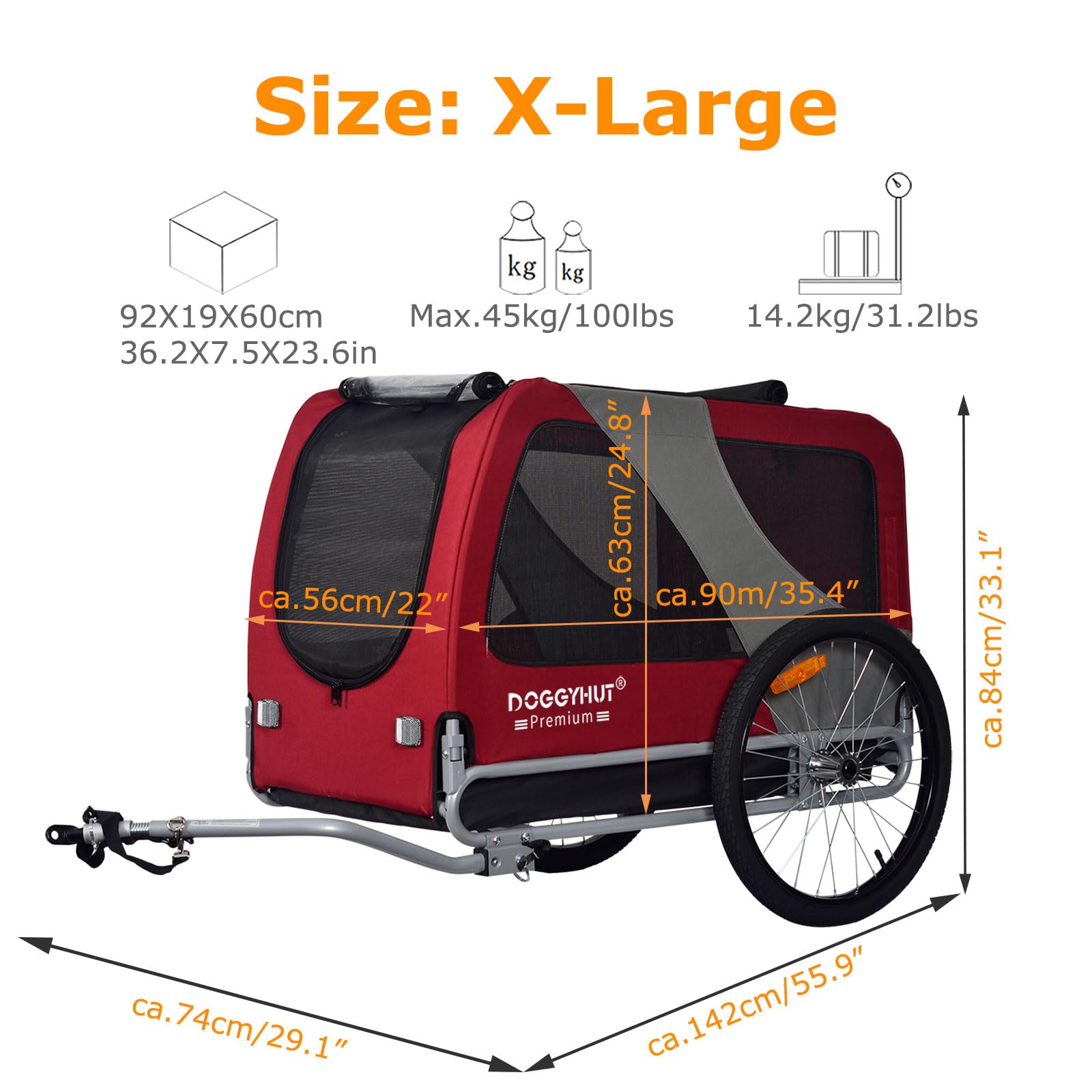 DOGGYHUT® XL Dog Bike Trailer for Large Dogs - Heavy Duty 100 lbs Capacity Pet Bicycle Carrier with Foldable Frame & Low Center Gravity - Perfect for Cycling, Jogging, Outdoor Adventures with Your Dog