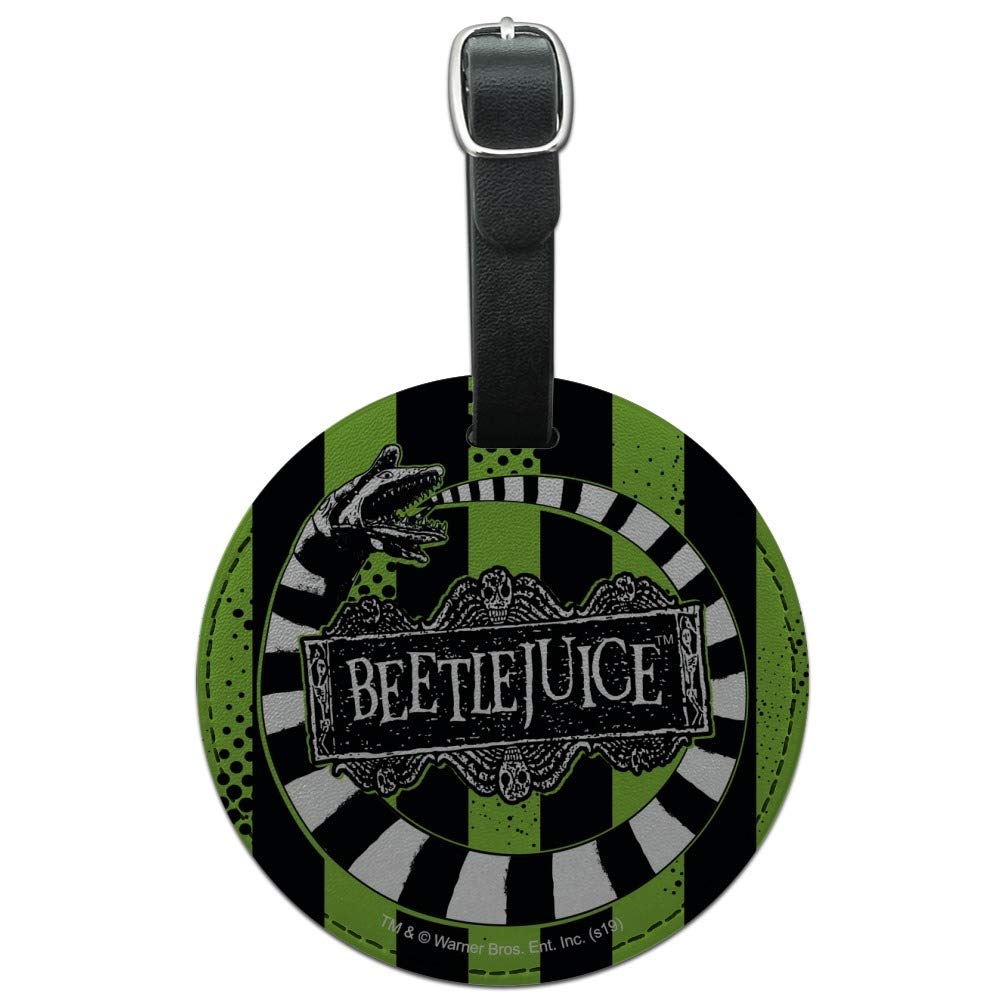 Beetlejuice-Inspired Round Leather Luggage Tag - Vintage Suitcase ID Card Holder for Carry-On Bags - Perfect for Travel, Cosplay & Halloween Costume Accessories