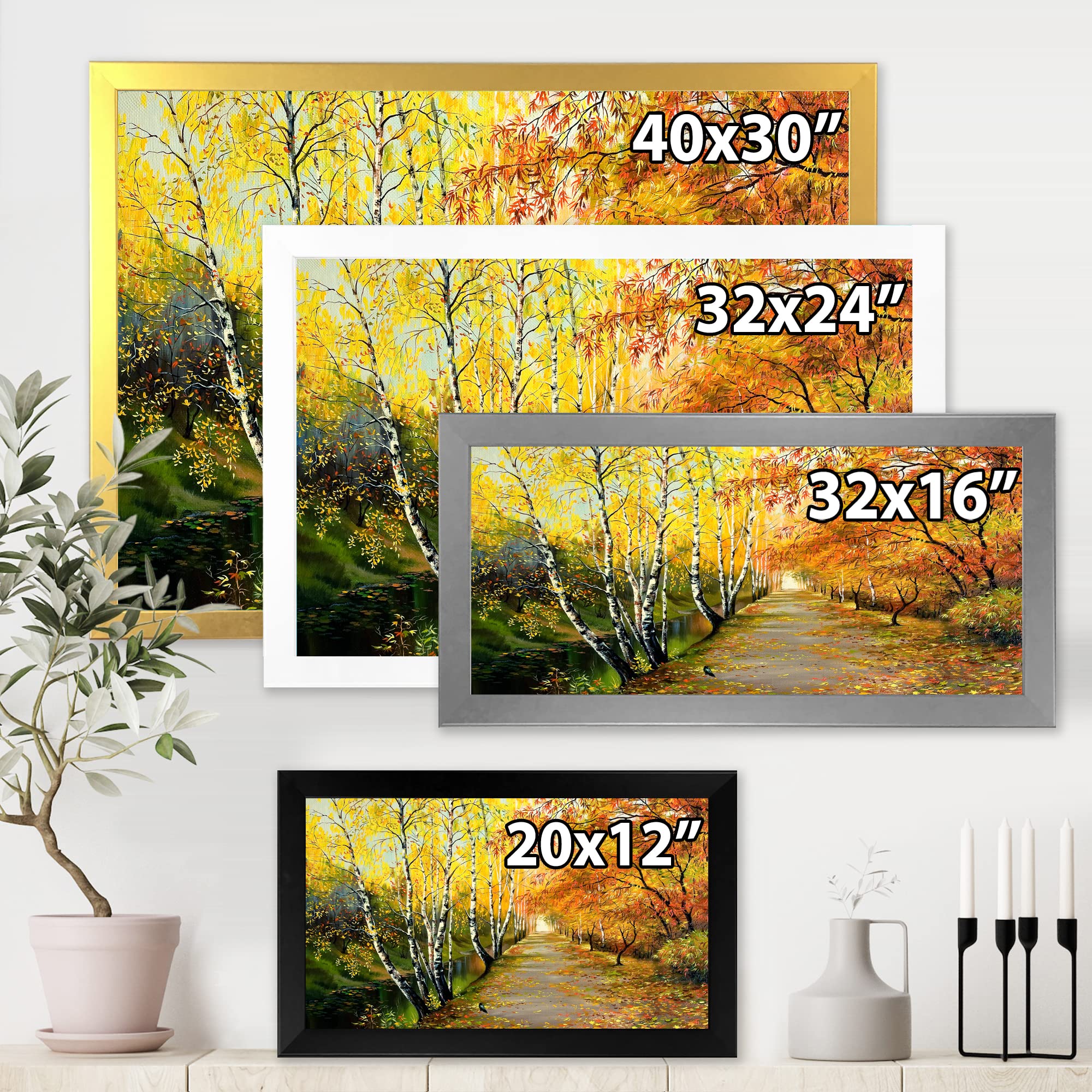 DesignQ Autumn Woods River Traditional Framed Wall Art - Nature Landscape Painting for Living Room, Bedroom & Office Decor