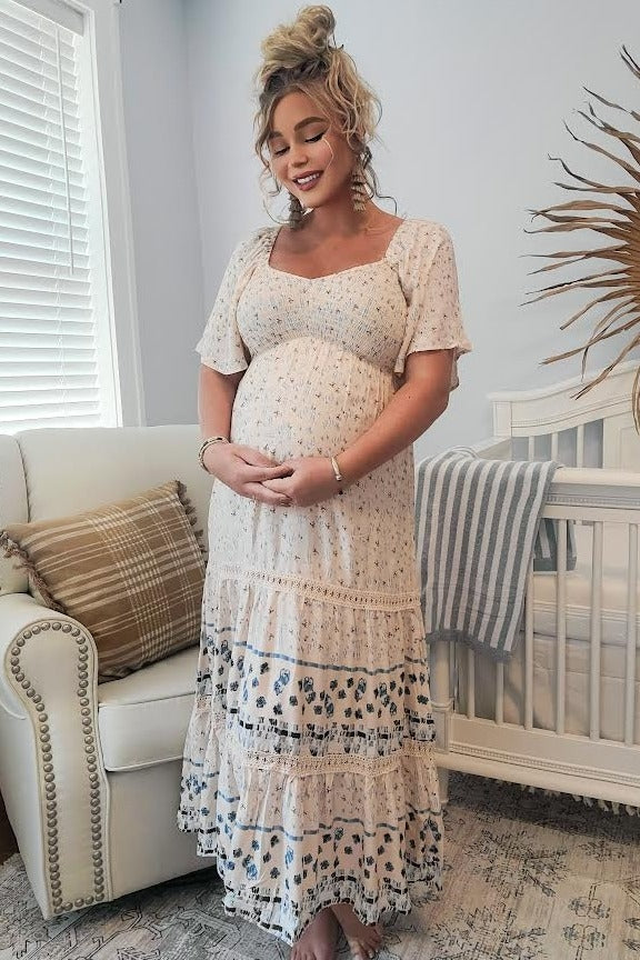 Beige Floral Embroidered 3/4 Sleeve Maternity Midi Dress for Pregnancy - Comfortable Stretchy Nursing Dress for Baby Shower, Maternity Photo Shoot & Special Occasions