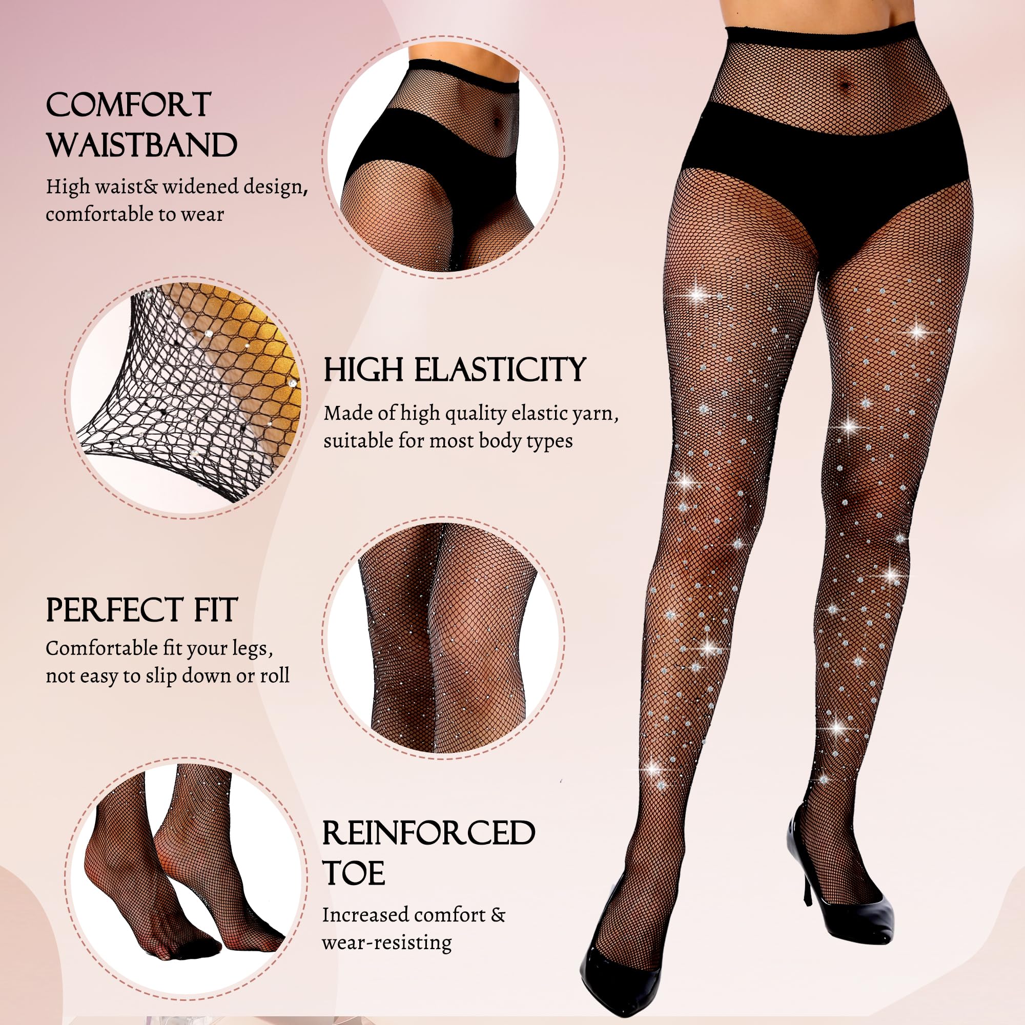 MANZI 2 Pairs Rhinestone Fishnet Tights for Women - High Waist Sparkly Glitter Stockings | Party, Halloween, Cosplay, Night Out, Stage Performance