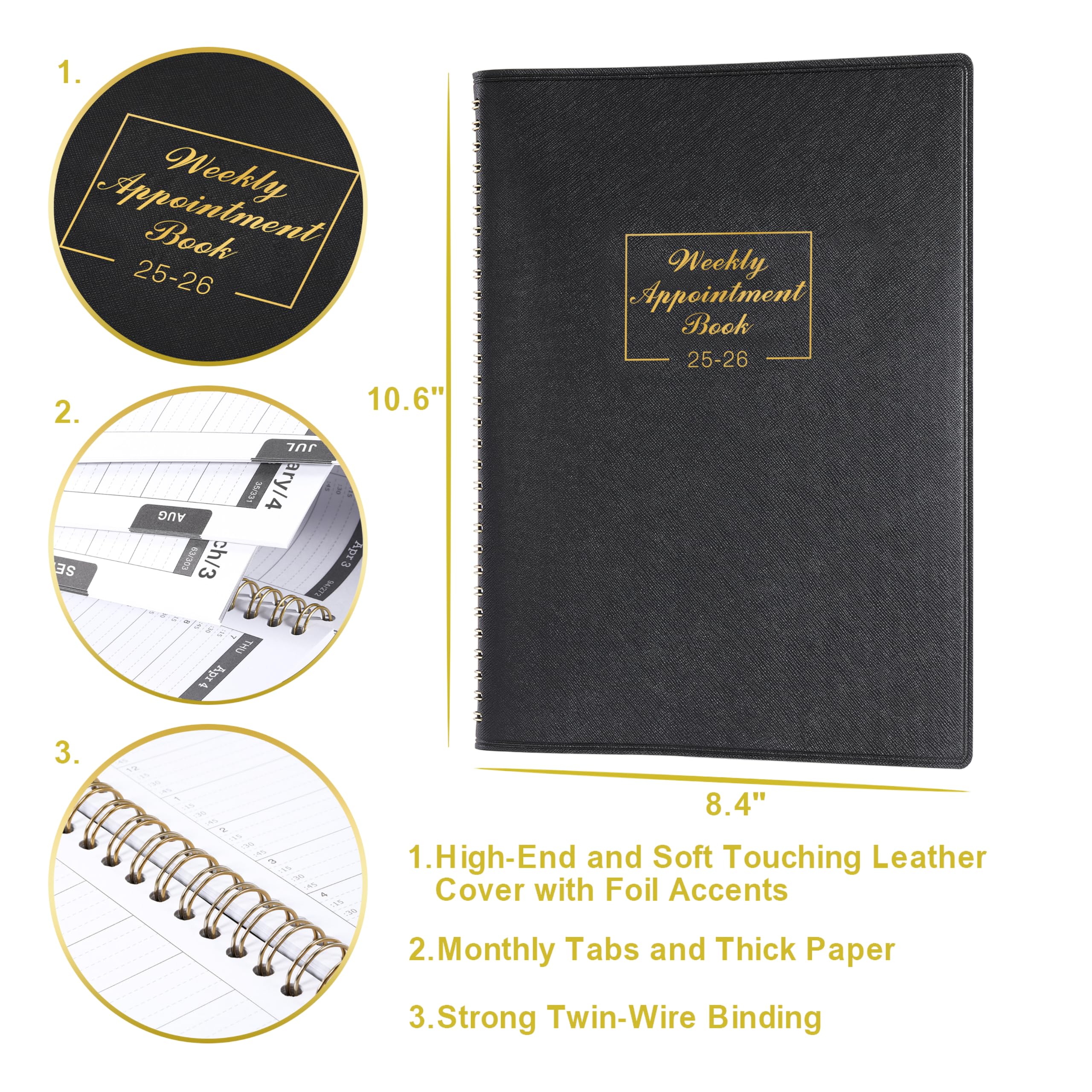 2025-2026 Appointment Planner - A4 Weekly Hourly Organizer with 15-Minute Intervals, Soft Leather Cover (21.8 x 29 cm) - Perfect for Business Professionals, Students & Personal Scheduling - Black Work Diary & Time Management Tool