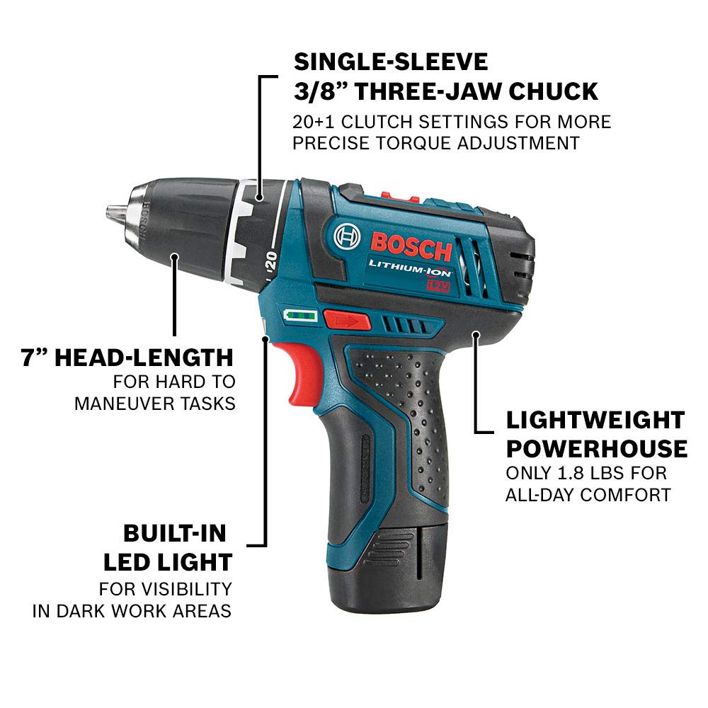 BOSCH 12V Max Cordless Drill and Impact Driver Combo Kit with 2 Batteries, Charger & Bit Holder - Perfect for DIY Home Projects, Woodworking, and Professional Construction Work