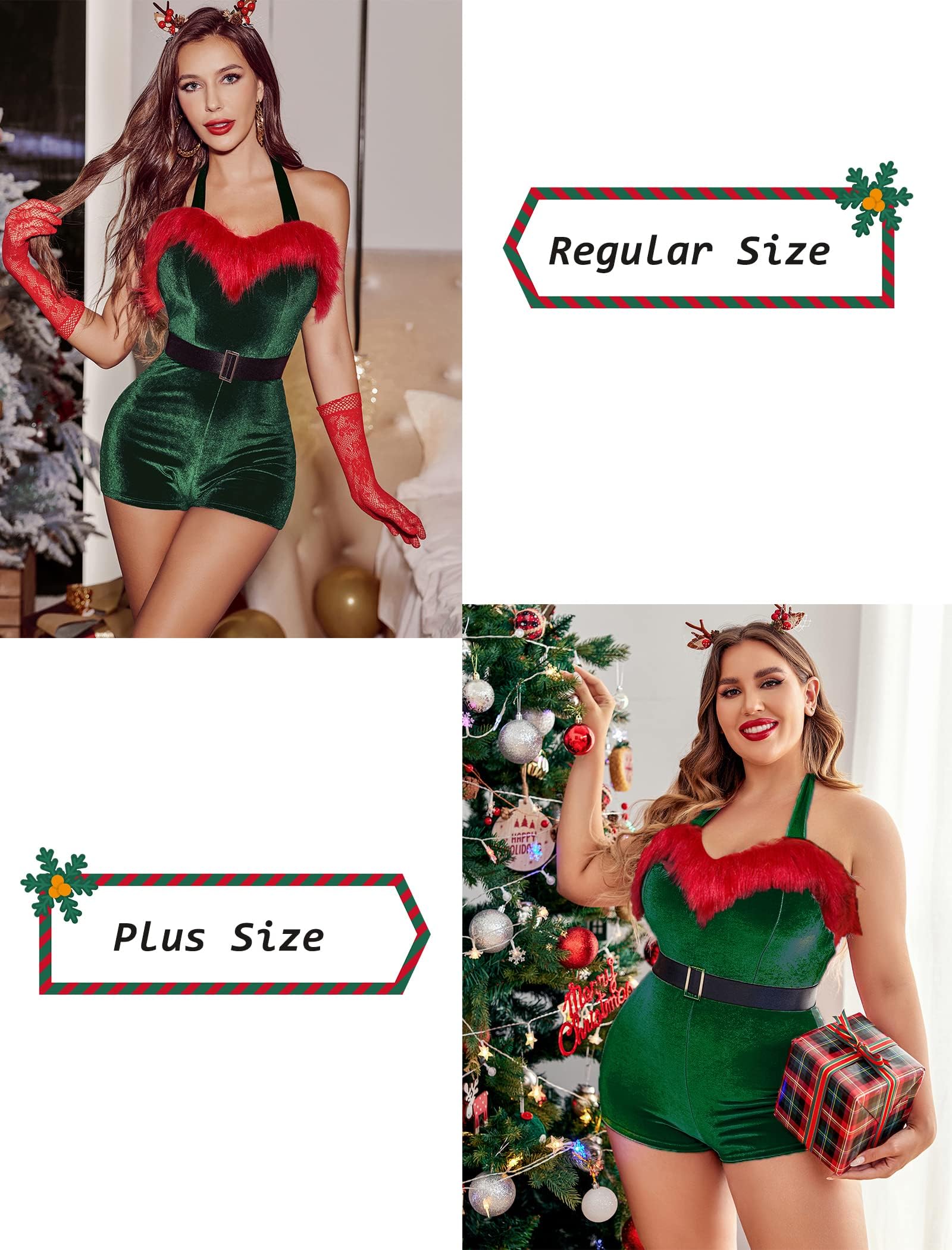 Avidlove Women's Sexy Santa Costume Velvet Romper Christmas Shorts Bodysuit Lingerie with Belt - Perfect for Holiday Parties, Cosplay & Festive Nights
