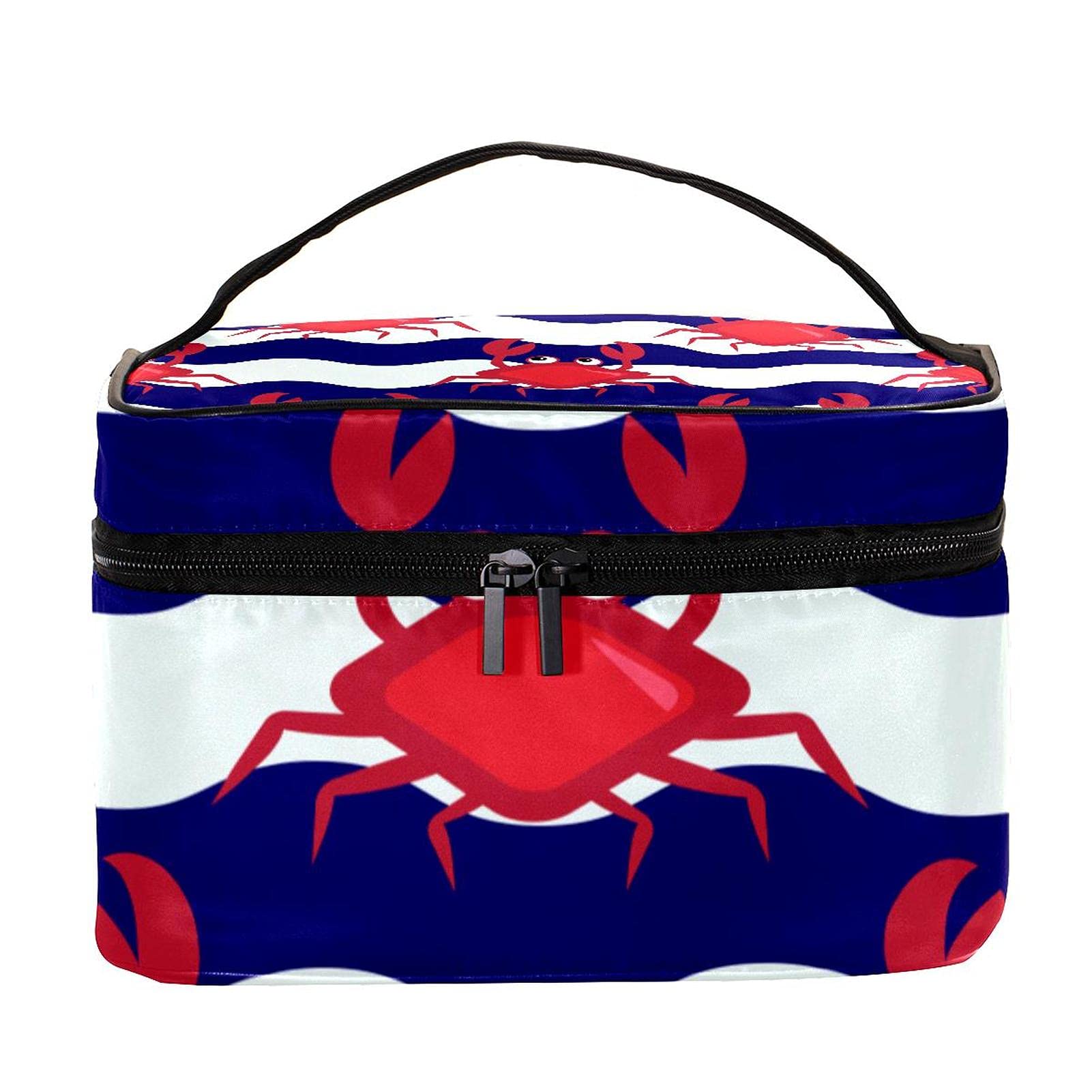 Cute Crab Blue Wave Pattern Travel Makeup Bag - Large Cosmetic Organizer with Zipper for Women & Girls | Perfect for Vacation, Gym & Daily Essentials Storage
