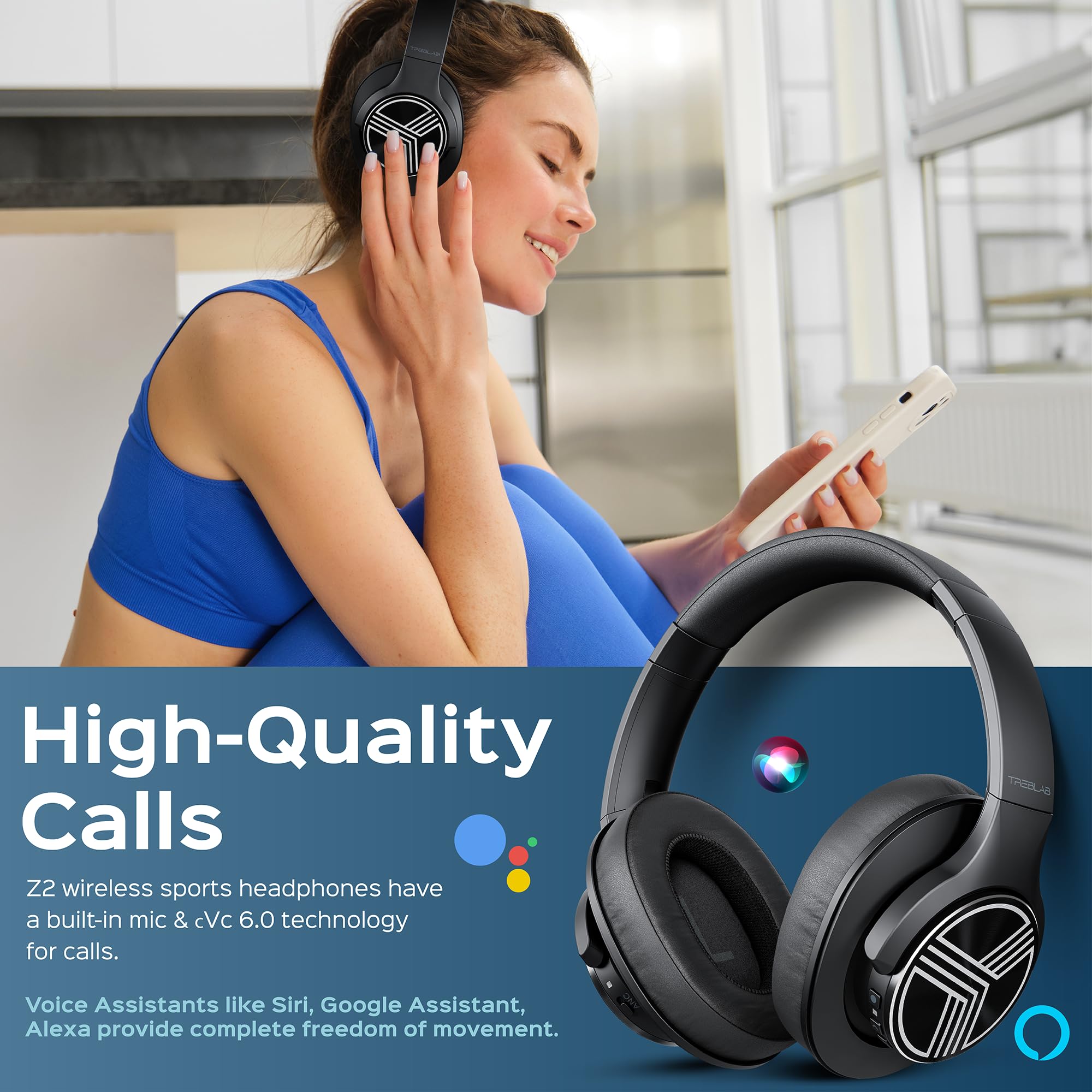 TREBLAB Z2 Wireless Bluetooth Headphones with Active Noise Cancelling - 35H Battery, HD Sound & Deep Bass, Foldable Over-Ear Design for Gym, Running, Travel & Workouts - Comfortable for Long Wear, Built-in Mic for Calls