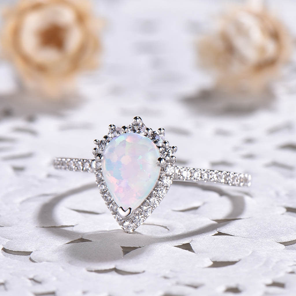14K/18K Pear Shaped Vintage Opal Diamond Halo Engagement Ring in White Gold - Perfect for Proposals, Anniversaries & Special Occasions