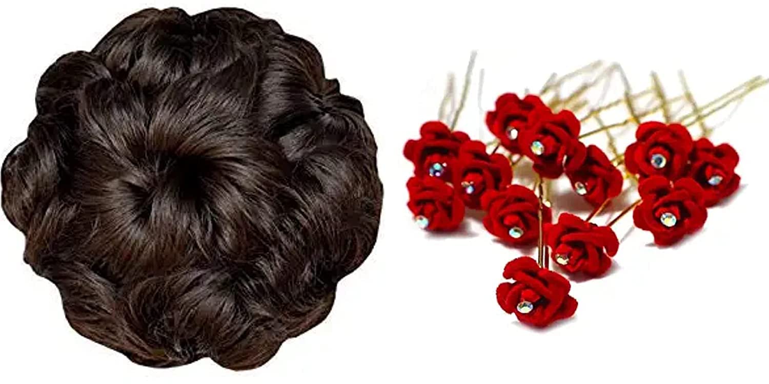 Brown Juda Bun Hair Extension with 12Pcs Red Rose Juda Pins - Perfect for Weddings, Anniversaries & Special Events | Women's & Girls' Hair Accessories for Bridal, Prom & Party Hairstyles