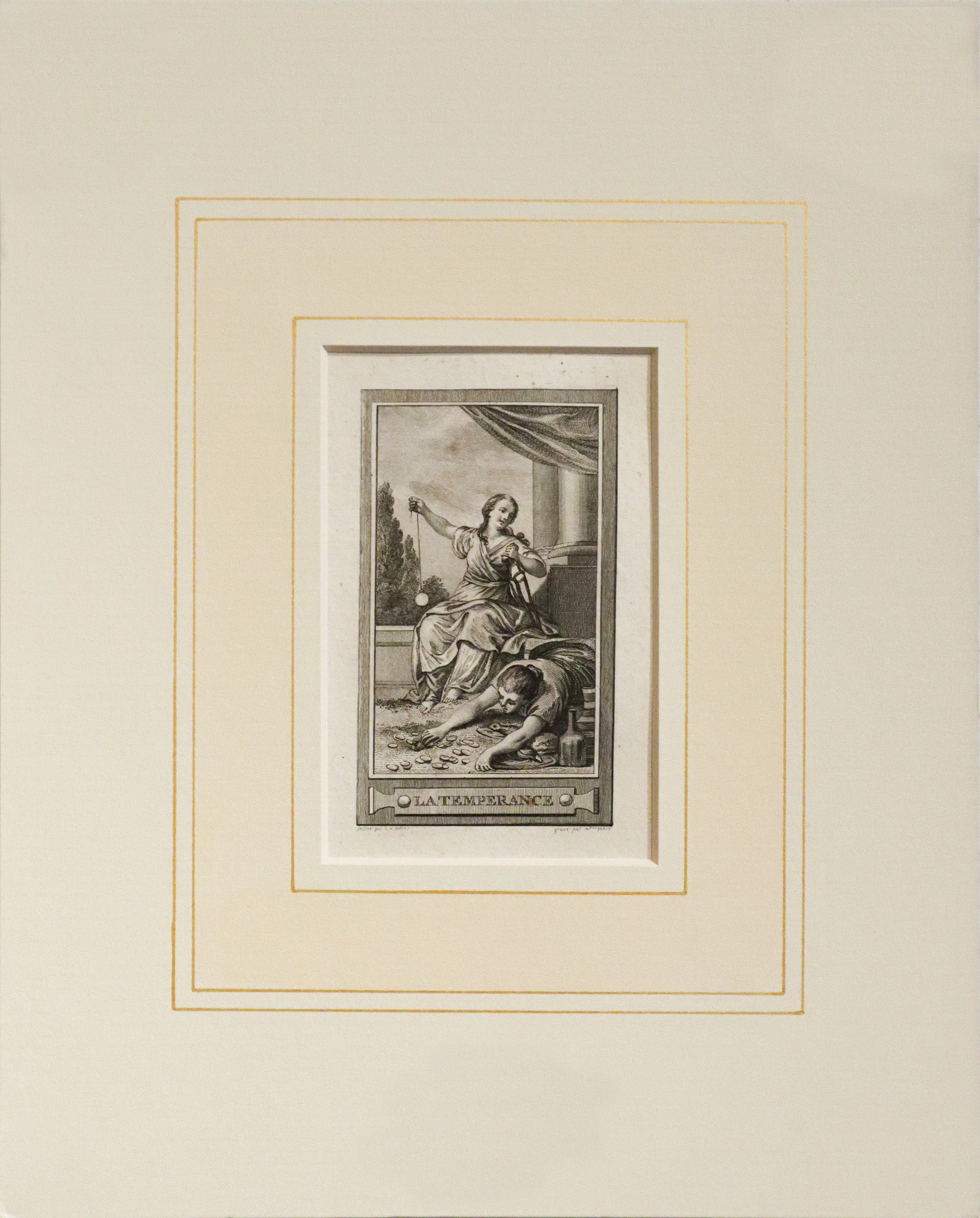 Antique 1780s French Engraving - La Temperance (Temperance) Art Print with Mat - Vintage Home Decor & Wall Art for Living Room, Office, Gallery Display