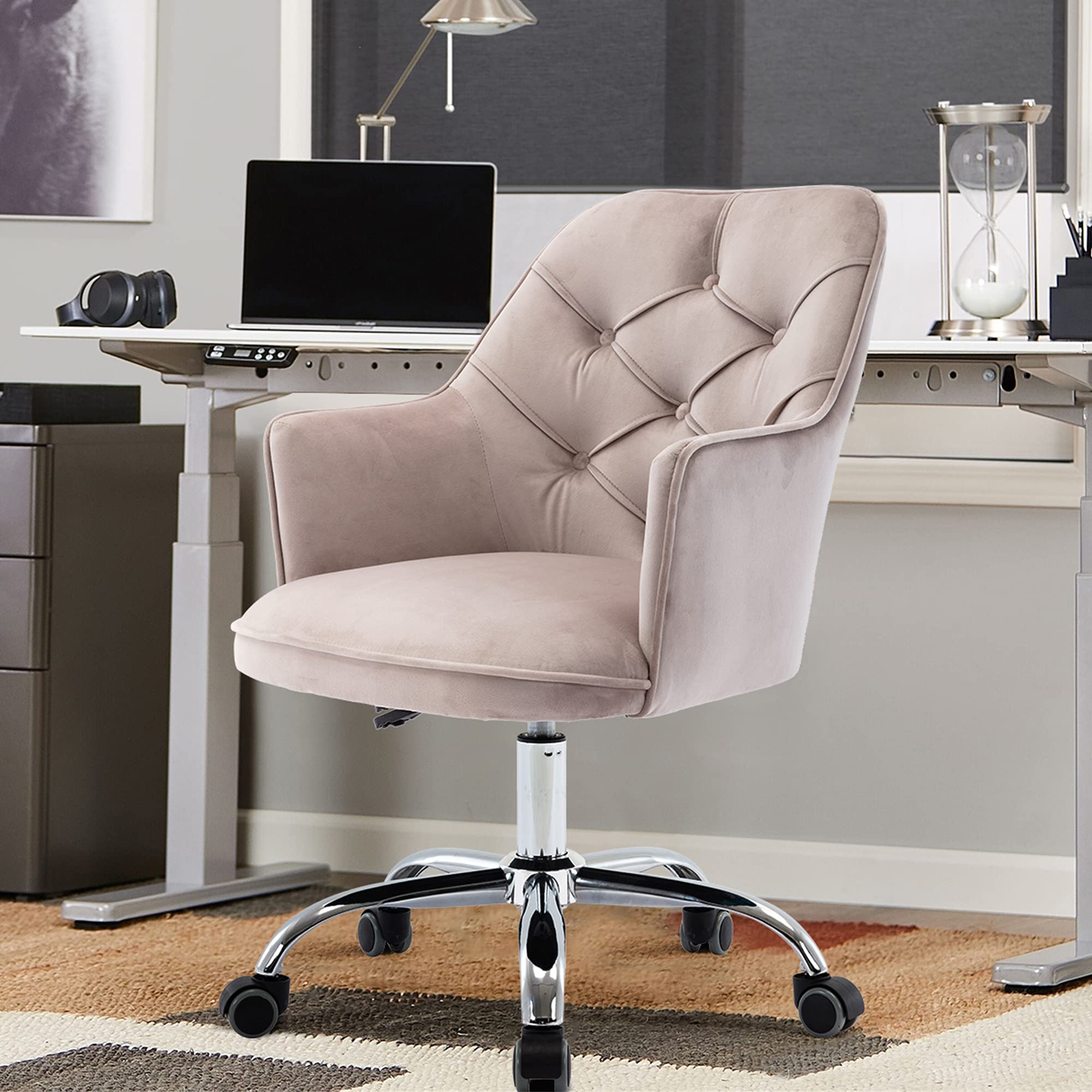 Modern Velvet Swivel Office Chair with Tufted Upholstery - Ergonomic Computer Desk Chair for Women & Girls - Grey & Silver Base - Perfect for Home Office, Bedroom, Vanity or Living Room Workspace
