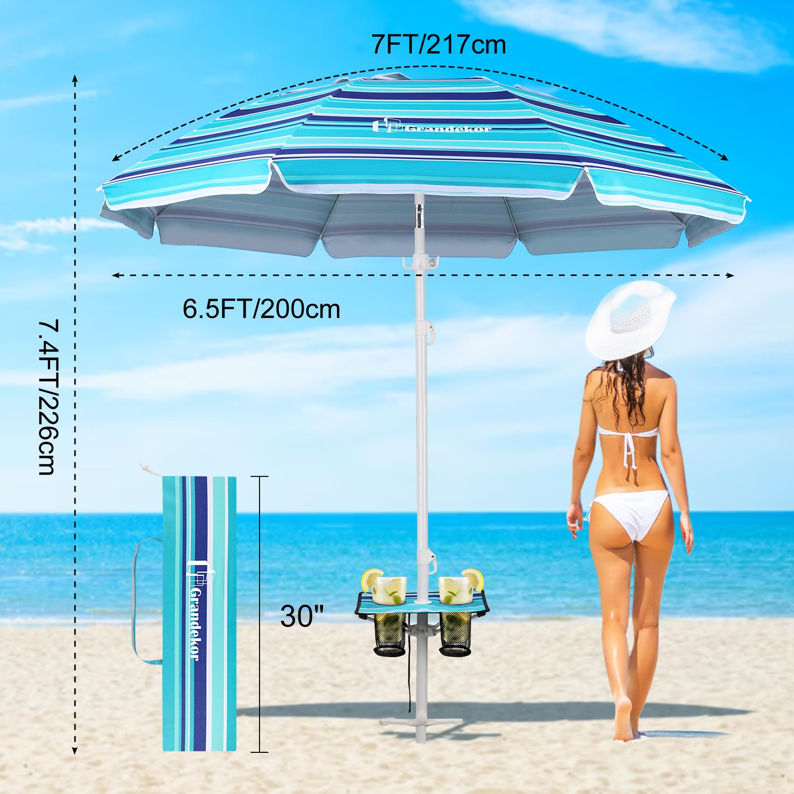 Premium Heavy Duty 7FT Beach Umbrella with Sand Anchor & Carry Bag - Windproof Portable Sun Shade with UV 50+ Protection - Perfect for Beach, Poolside, Picnics, and Outdoor Travel