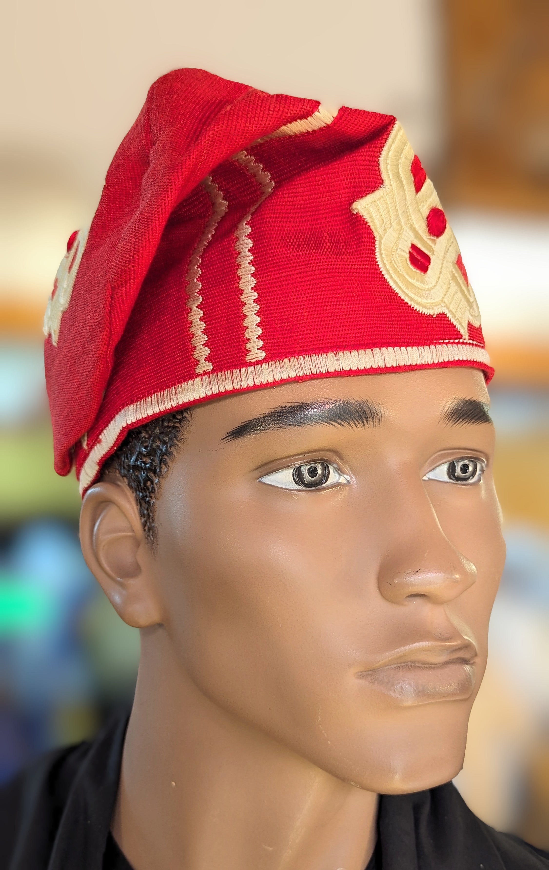 Royal Red Nigerian African Handwoven Aso Oke Fila Kufi Cap - Traditional Beige Cream Embroidered Hat for Men | Perfect for Weddings, Cultural Events & Special Occasions