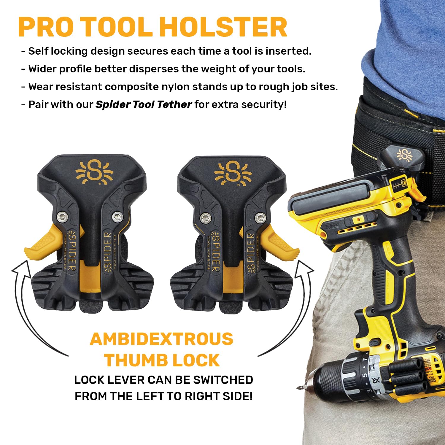 Spider Pro Tool Holster - Upgraded Self-Locking Quick-Draw Universal Belt Clip Holder with Ambidextrous Thumb Lock for Carpenters, Electricians & DIY Projects | Fits Any Work Belt for Easy Tool Access
