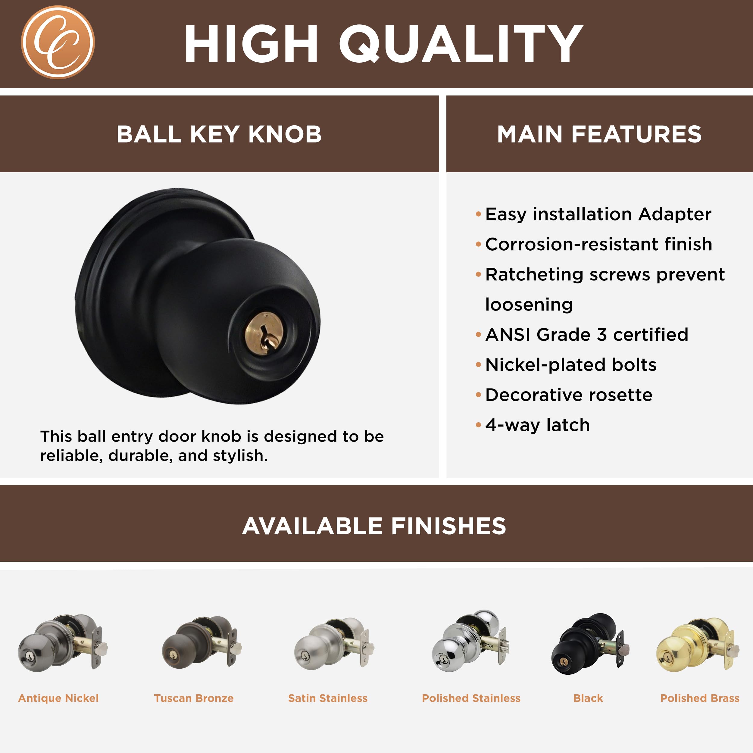 Matte Black Door Knobs with Key - 2 Pack for Bedroom & Bathroom