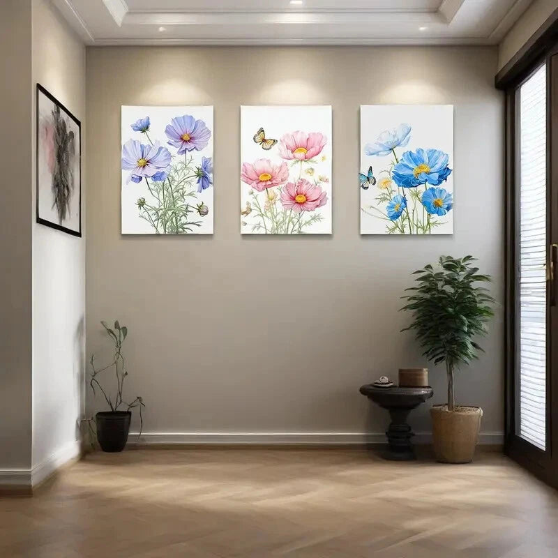 3-Piece Colorful Floral Metal Wall Art Prints - Blue, Yellow & Pink - Ready to Hang Home Decor for Living Room, Bedroom & Office