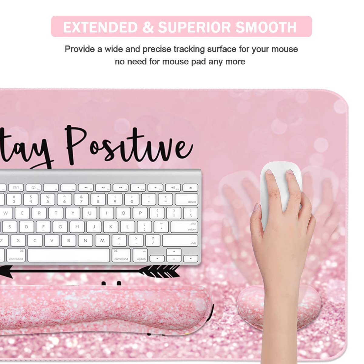 Ergonomic Keyboard and Mouse Pad Set with Memory Foam Wrist Rest - 35.4×15.7 Inch Extended Desk Mat for Comfortable Typing, Gaming & Office Work (3-Piece Set, Pink Stay Positive Design) - Perfect for Home Office, PC Gaming & Productivity Workspace