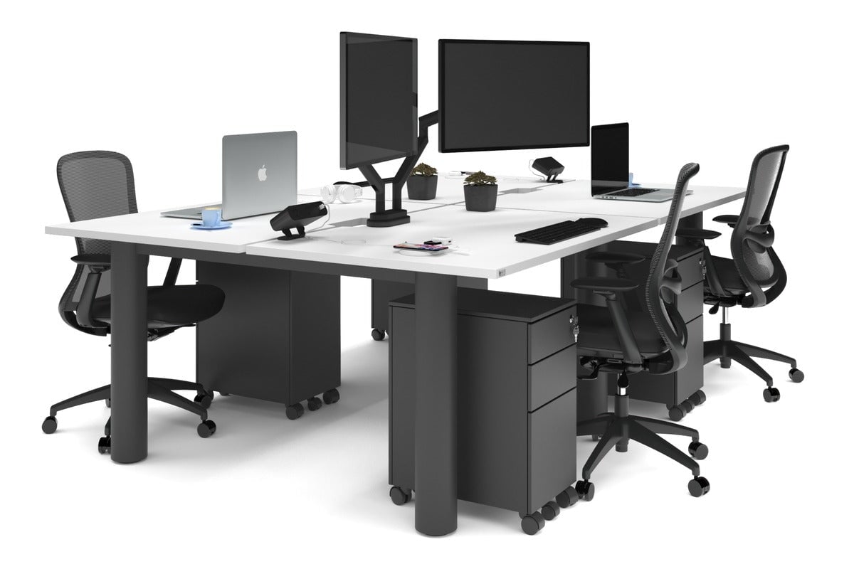 Quadro Cylinder Leg 4-Person Office Workstation Desk - 1400L x 800W with Cable Management Scallop - Ideal for Collaborative Workspaces & Modern Offices