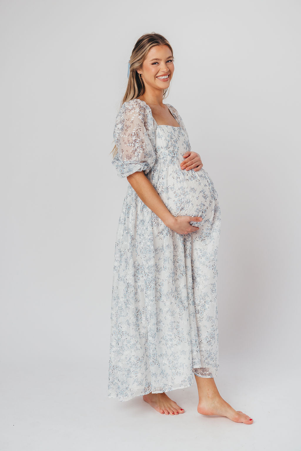 Blue & White Smocked Mona Maxi Dress - Bump Friendly Maternity Dress with Inclusive Sizing (S-3XL) for Beach Vacations, Summer Weddings & Casual Outings