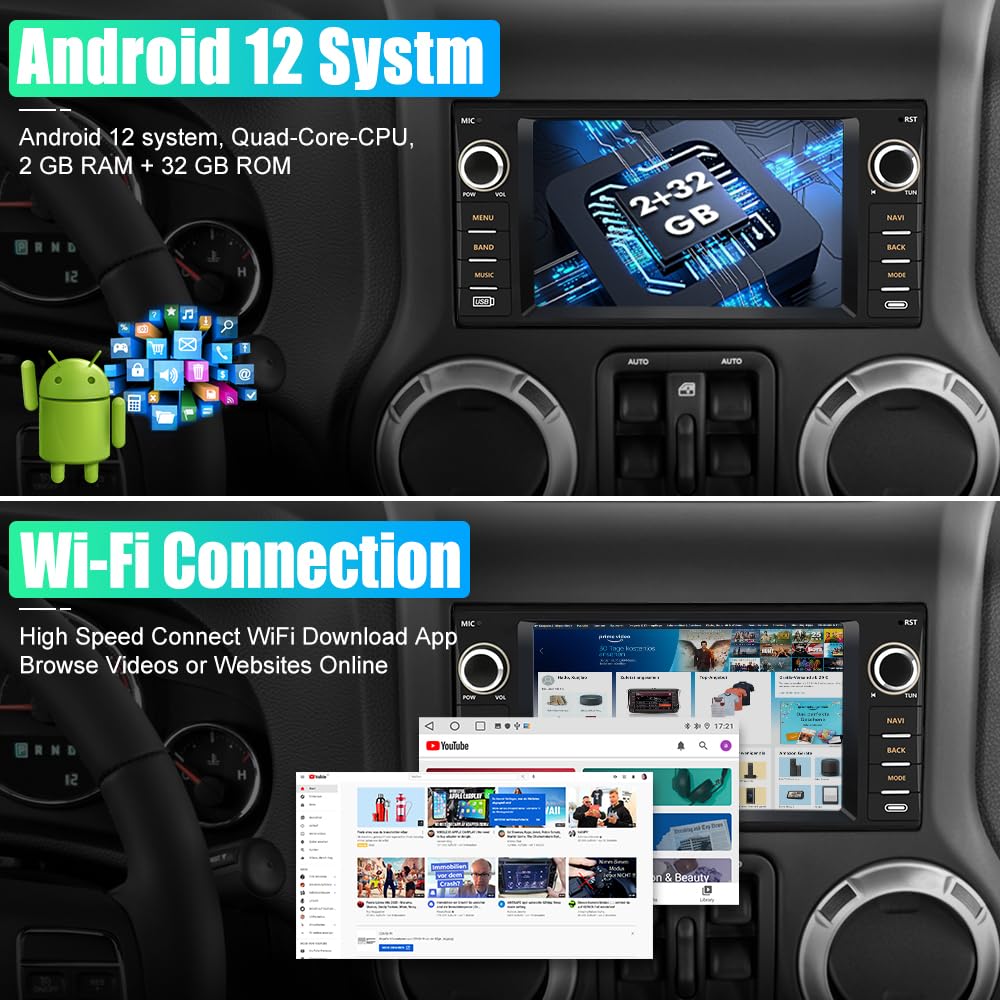 AWESAFE 7 Inch Android Car Stereo for Jeep Wrangler JK Chrysler Dodge - Touch Screen Radio with Apple CarPlay & Android Auto, Bluetooth, WiFi, 2GB RAM 32GB ROM - Perfect for Off-Road Adventures & Daily Commuting