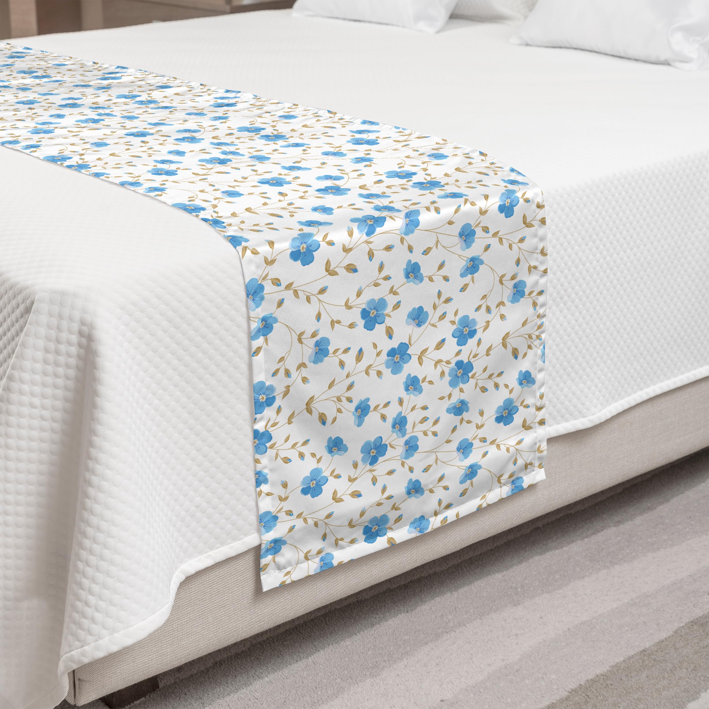 Ambesonne Floral Bed Runner - Elegant Field Flowers & Sunshine Blooms Design, Decorative Bed Scarf for Hotels, Homes & Guest Rooms (Blue Reseda Green) | Perfect for Spring Bedroom Decor, Wedding Accents & Vacation Rental Styling