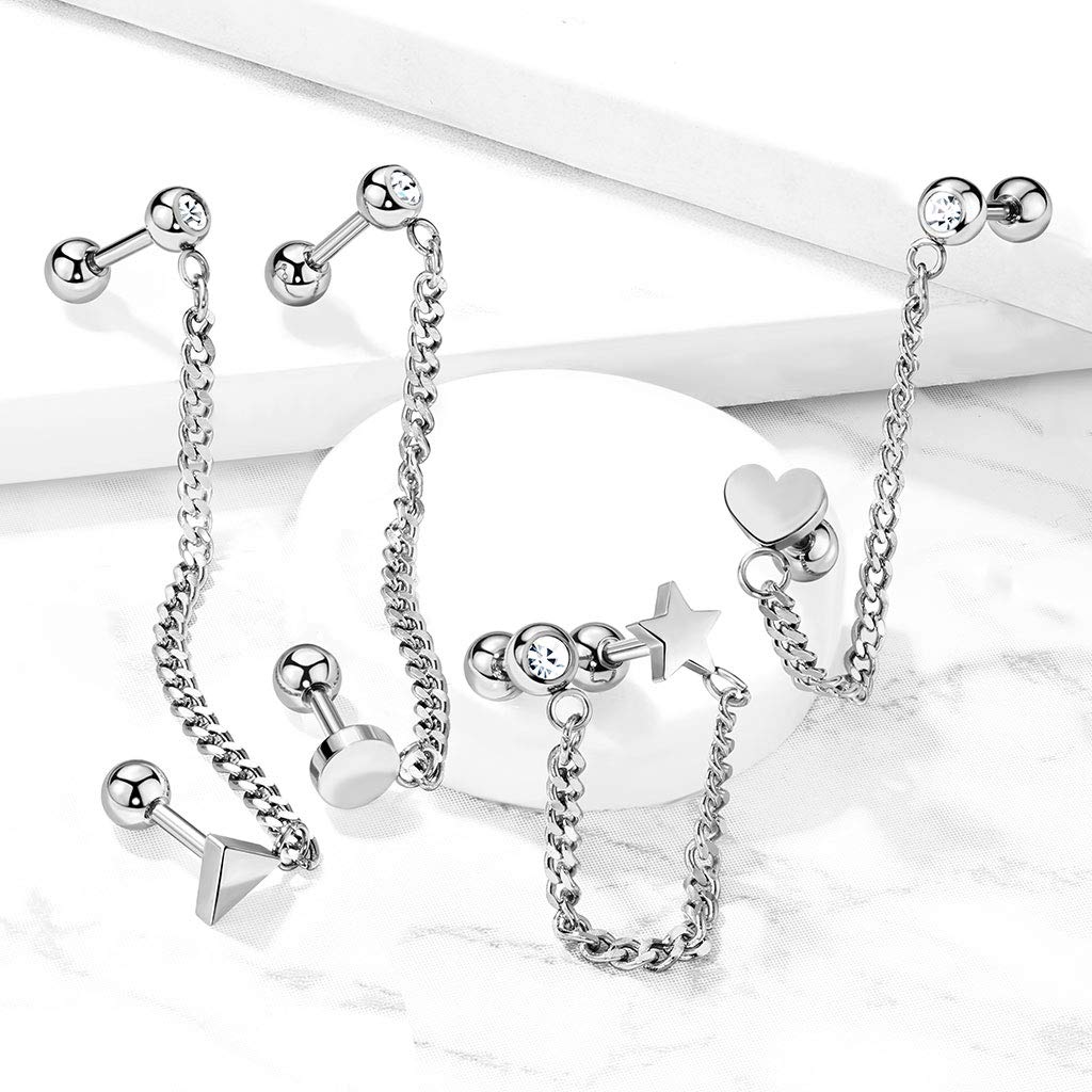 316L Stainless Steel Cartilage Helix Earring Barbell with Connecting Chain - 16GA Body Jewelry for Pierced Owl Design - Perfect for Ear Lobe, Helix, and Cartilage Piercings