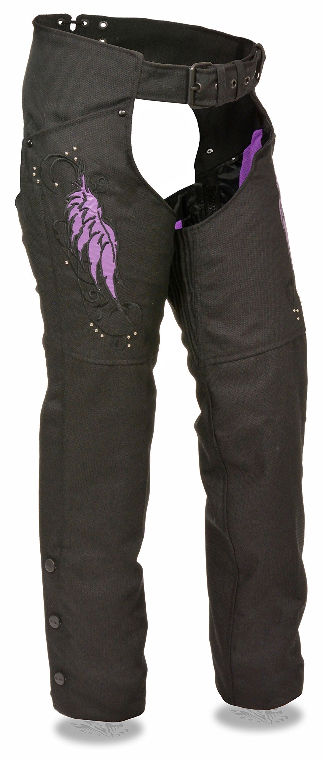 Milwaukee Leather Women's Textile Motorcycle Chaps with Wing & Rivet Detailing - Durable Riding Gear for Harley & Cruiser Bikes