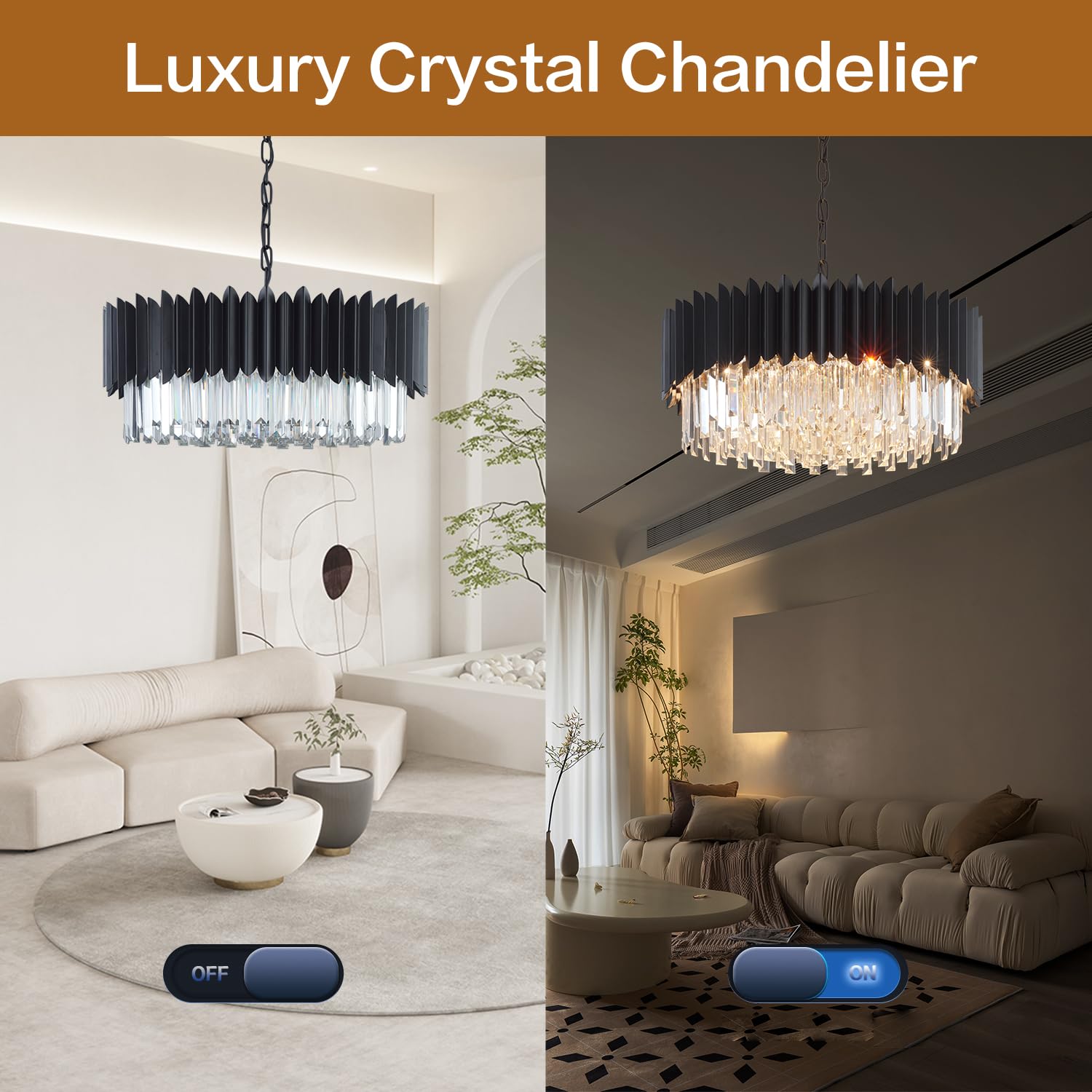 23.62'' Black K9 Crystal Round Pendant Light - 5-Tier Adjustable Modern Chandelier for Dining Room, Living Room, Kitchen Island, Bedroom, Foyer & Entryway | Elegant Lighting Fixture for Home Decor & Special Occasions
