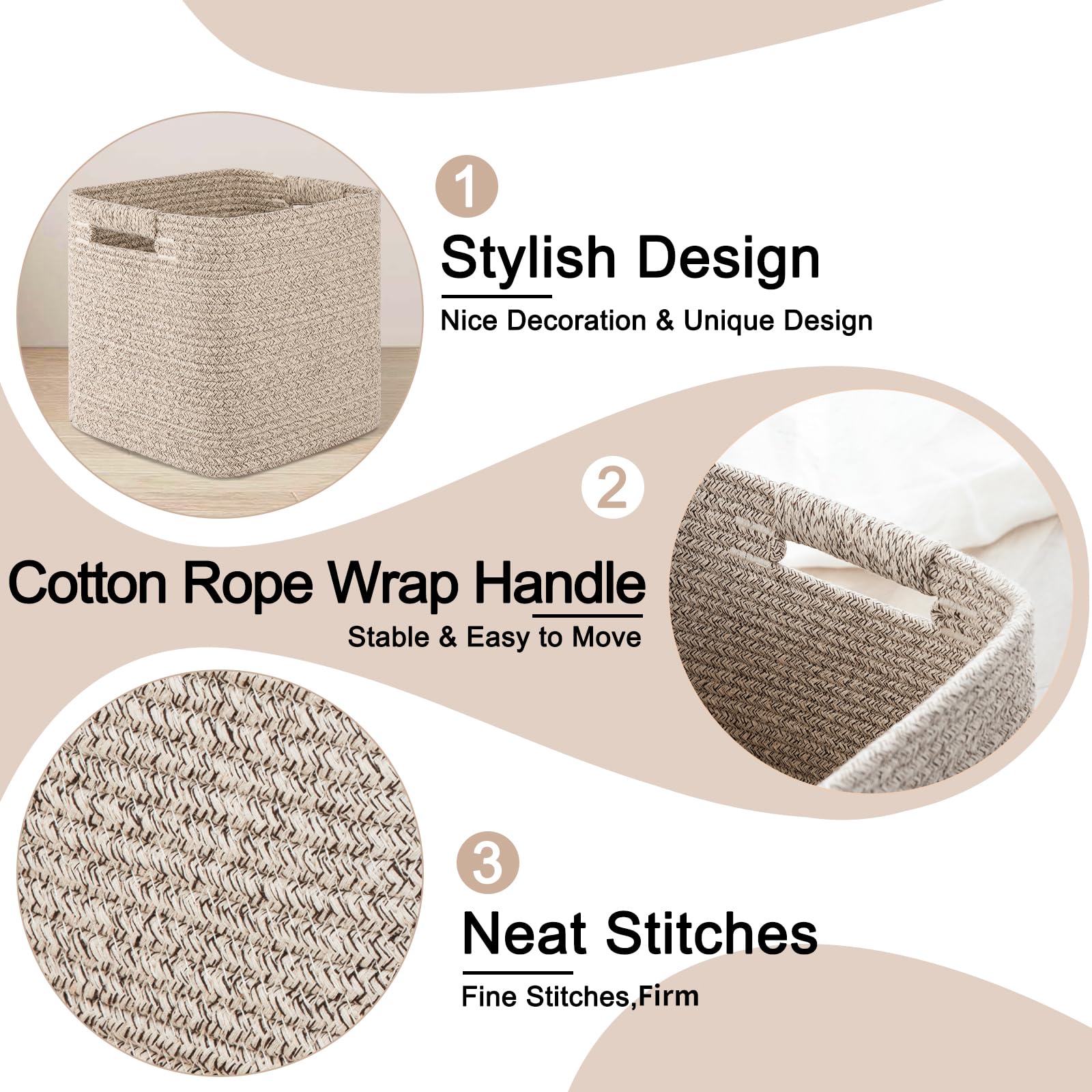 OIAHOMY 11 Inch Storage Cubes - 3 Pack Cotton Rope Woven Baskets, Square Organizer Bins for Shelves, Closet, Classroom, Nursery & Kids Toys - Perfect for Home Organization & Baby Room Storage (Brown)