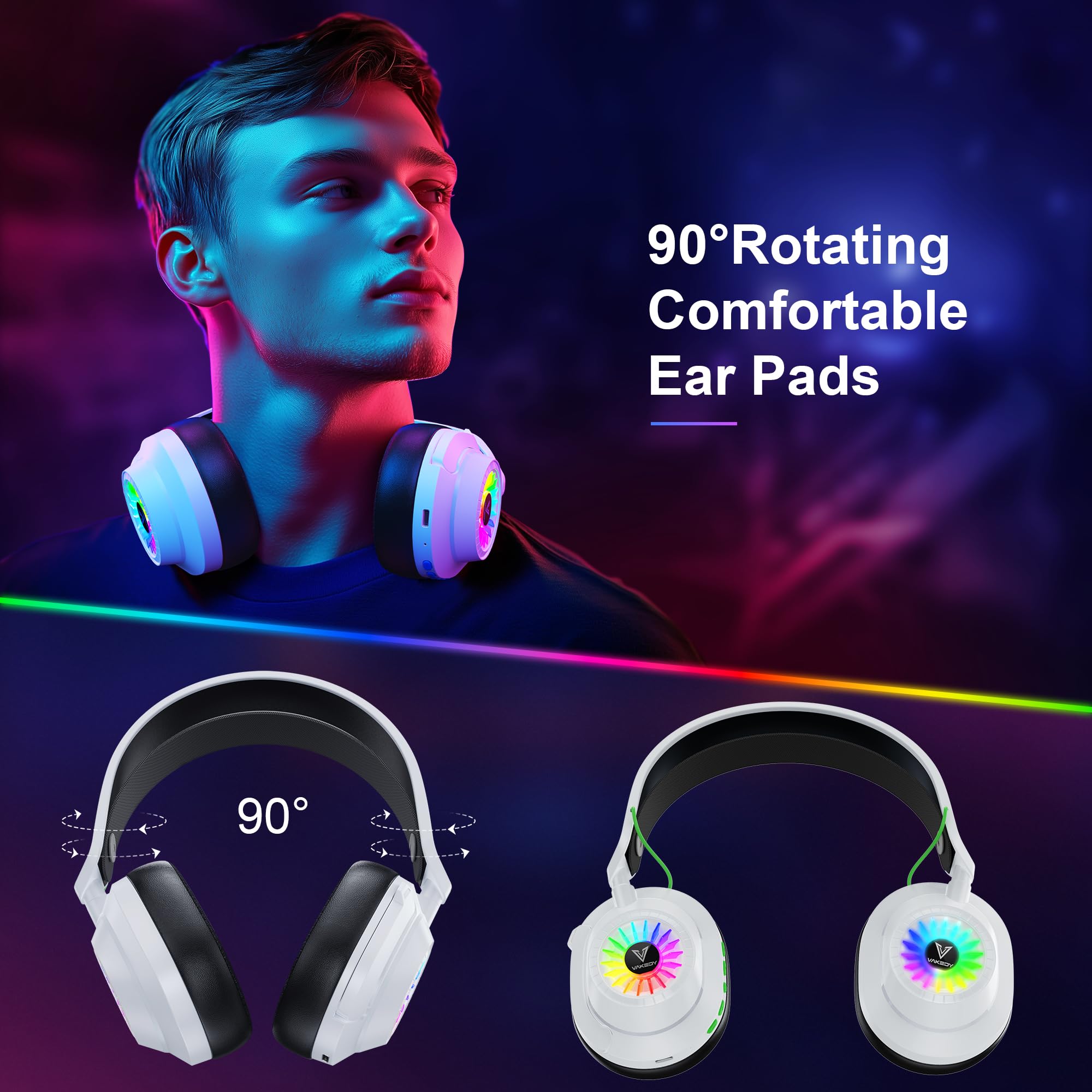 HW10 Wireless Gaming Headset for PS5, PS4, PC - 2.4GHz Bluetooth Headphones with Noise Cancelling Mic, 50Hr Battery Life - Compatible with Switch, Laptop, Mobile & Mac - Cool RGB Lighting (White) - Perfect for Competitive Gaming, Streaming & Online Chat