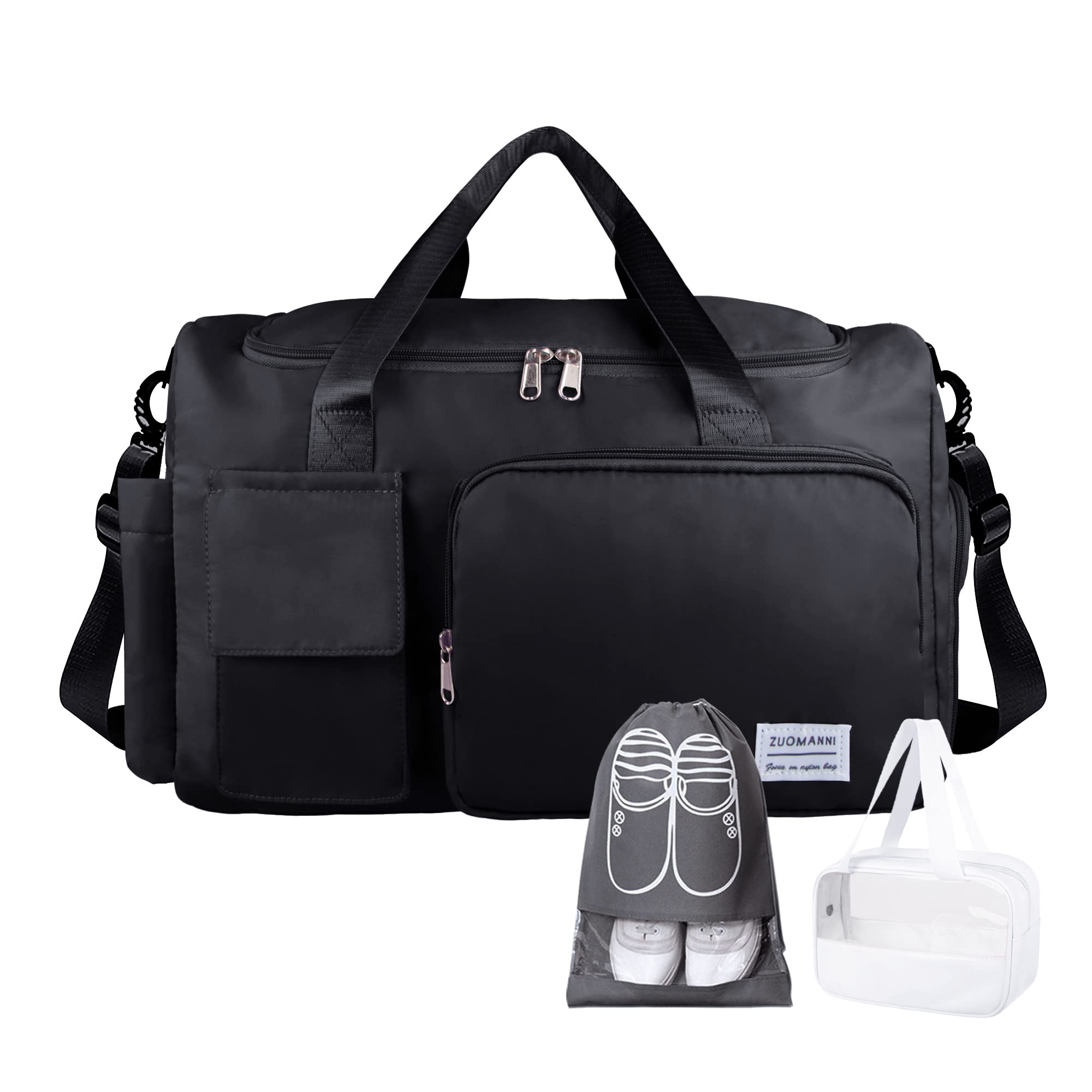 Waterproof Travel Duffel Bag for Women & Men - Large Weekender Overnight Bag with Shoe Compartment, Clear Cosmetic Bag & Shoe Bag (3-Piece Set, Black) - Perfect for Gym, Business Trips & Weekend Getaways