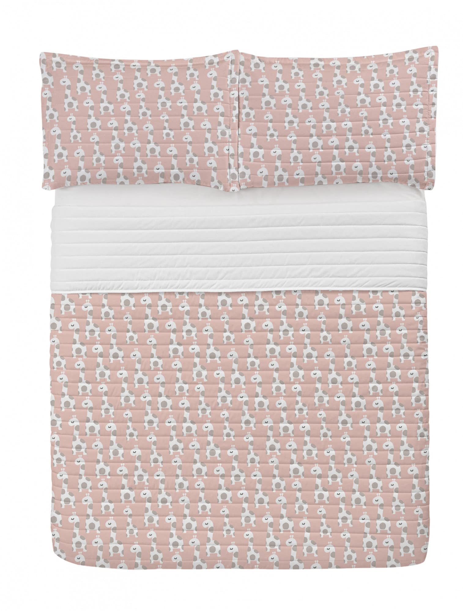 Ambesonne Cartoon Giraffe Microfiber Bedspread Set - King Size Soft Bedding with Pillow Shams & Comforter in Blush White and Tan | Pastel Animal Print for Kids Room, Nursery Decor or Unique Gift