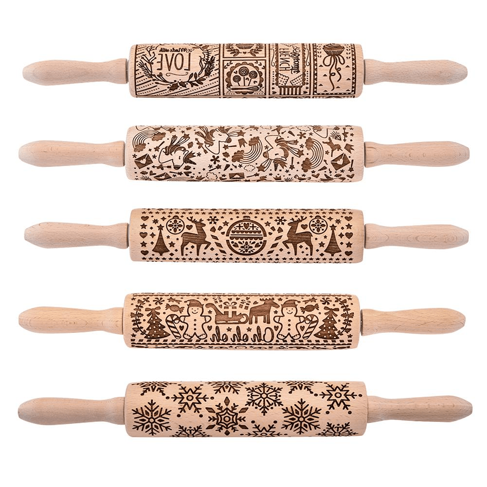 3D Christmas Wooden Embossed Rolling Pin for Cookie Dough - Holiday Baking Decorating Tool for Festive Cookies, Gingerbread, and Pastry Making