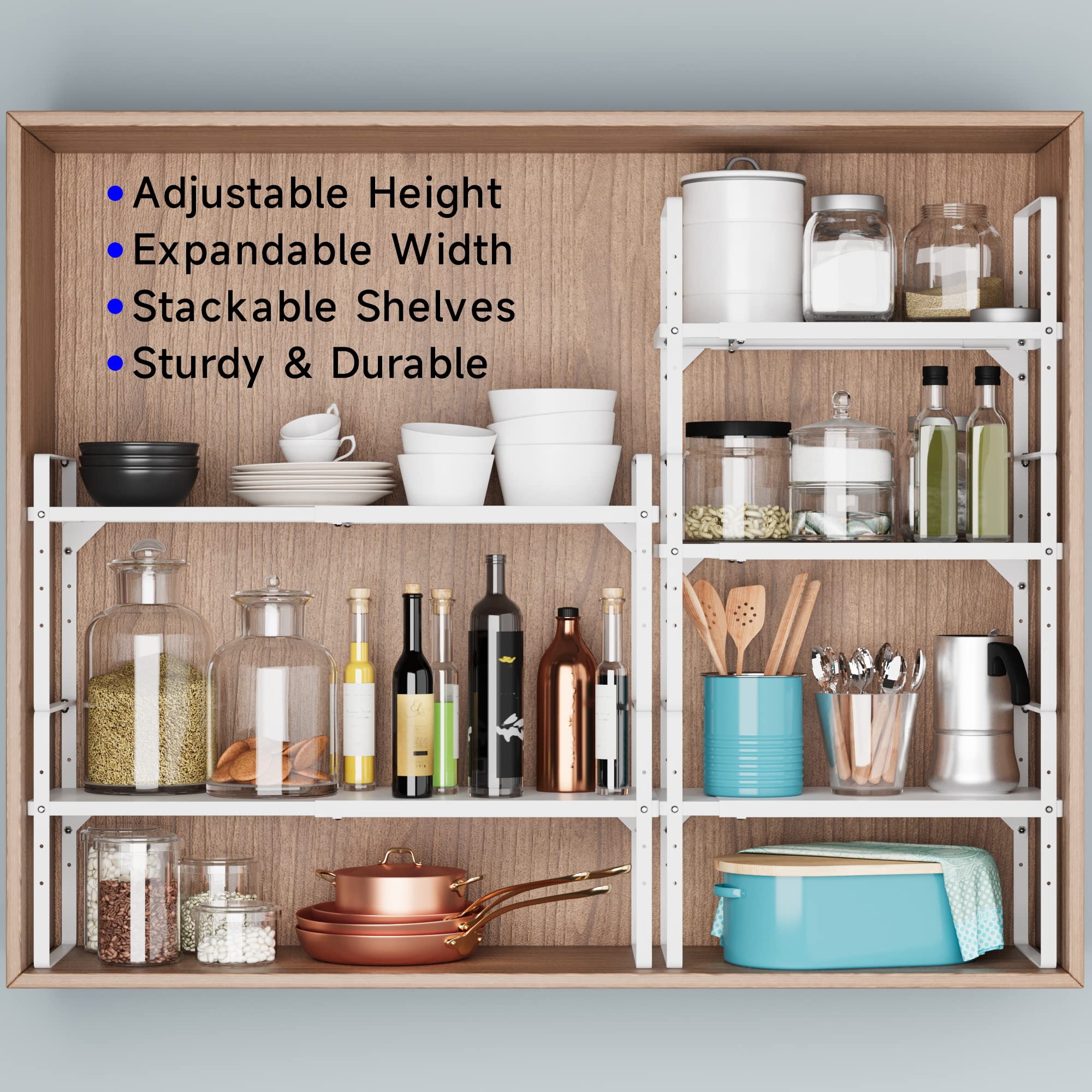 Expandable Cabinet Shelf Organizer - Stackable Kitchen Pantry Storage Rack - Adjustable Closet & Cupboard Organizer - Heavy Duty 80LBS Capacity - White Spice & Counter Organization (1 Pack) - Perfect for Small Spaces & Pantry Organization