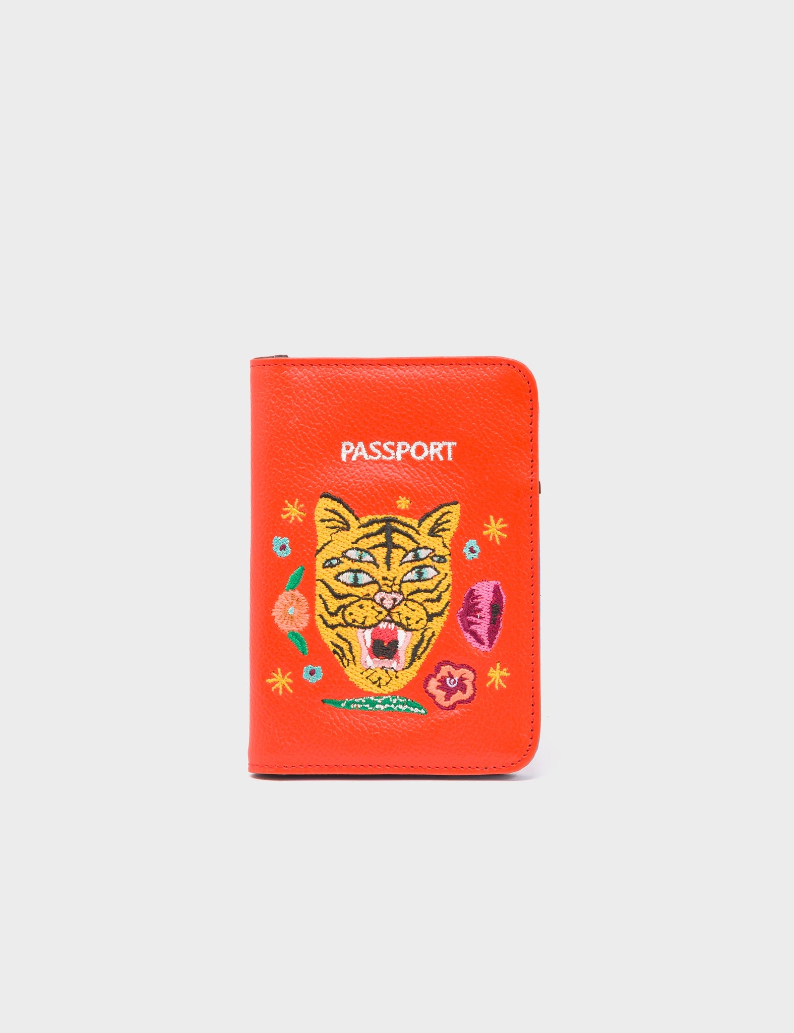 Frida Fiesta Red Leather Passport Holder with Tiger & Floral Embroidery - Stylish Travel Accessory for Women, Perfect for Vacations & International Trips