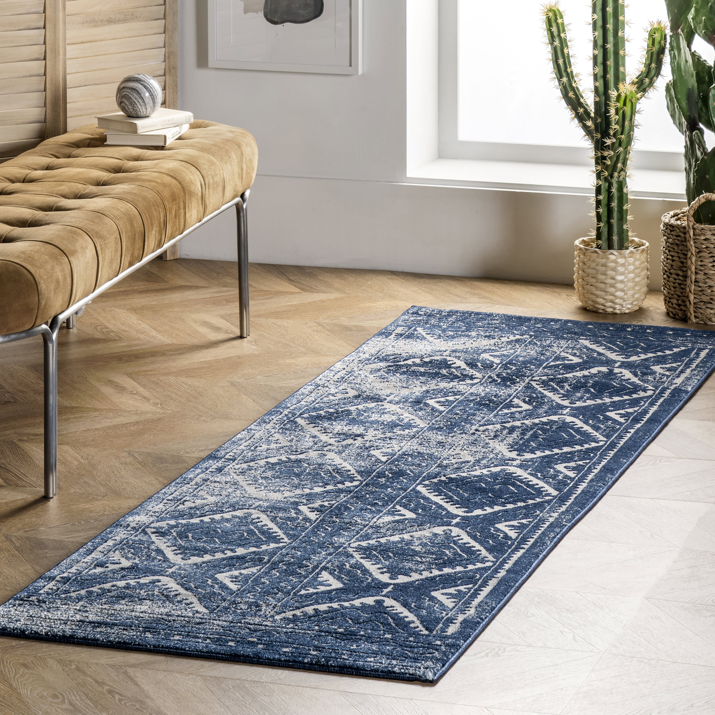 Blue Bordered Trellis Rug - Non-Slip Modern Area Rug for Living Room, Bedroom, Dining Room - Soft & Durable Home Decor