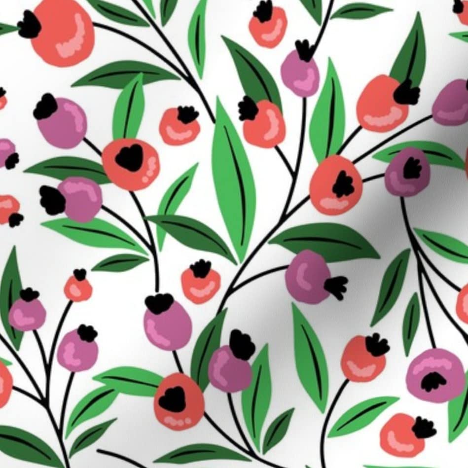 Coral and Green Berry Garden Printed Organic Cotton Sateen Fabric by The Yard - Summer Fruit Nature Spring Design for Sewing, Quilting, Apparel & Home Decor | Perfect for Dresses, Curtains and DIY Craft Projects